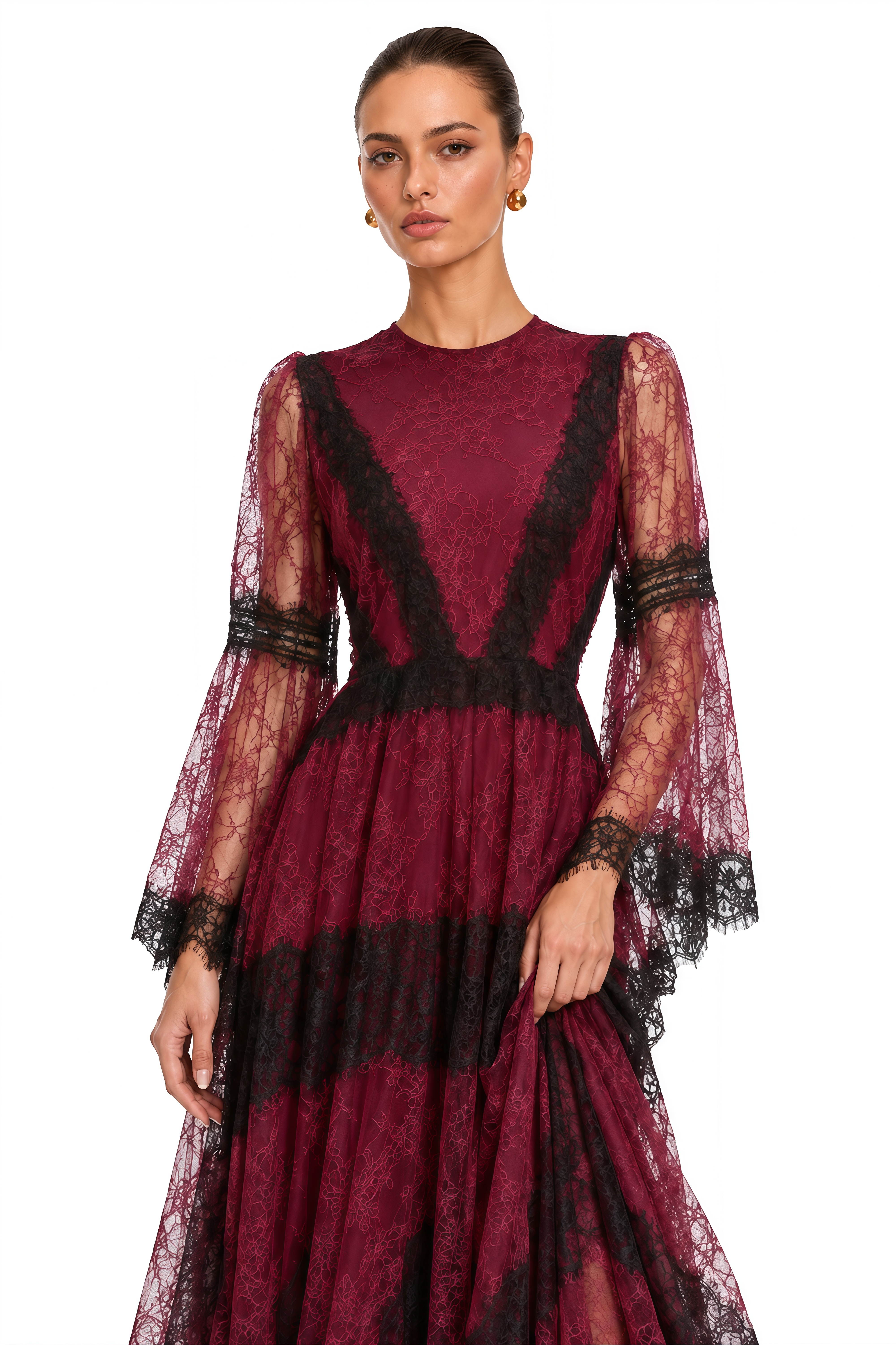 Valentina Burgundy Color Block Lace Maxi Dress