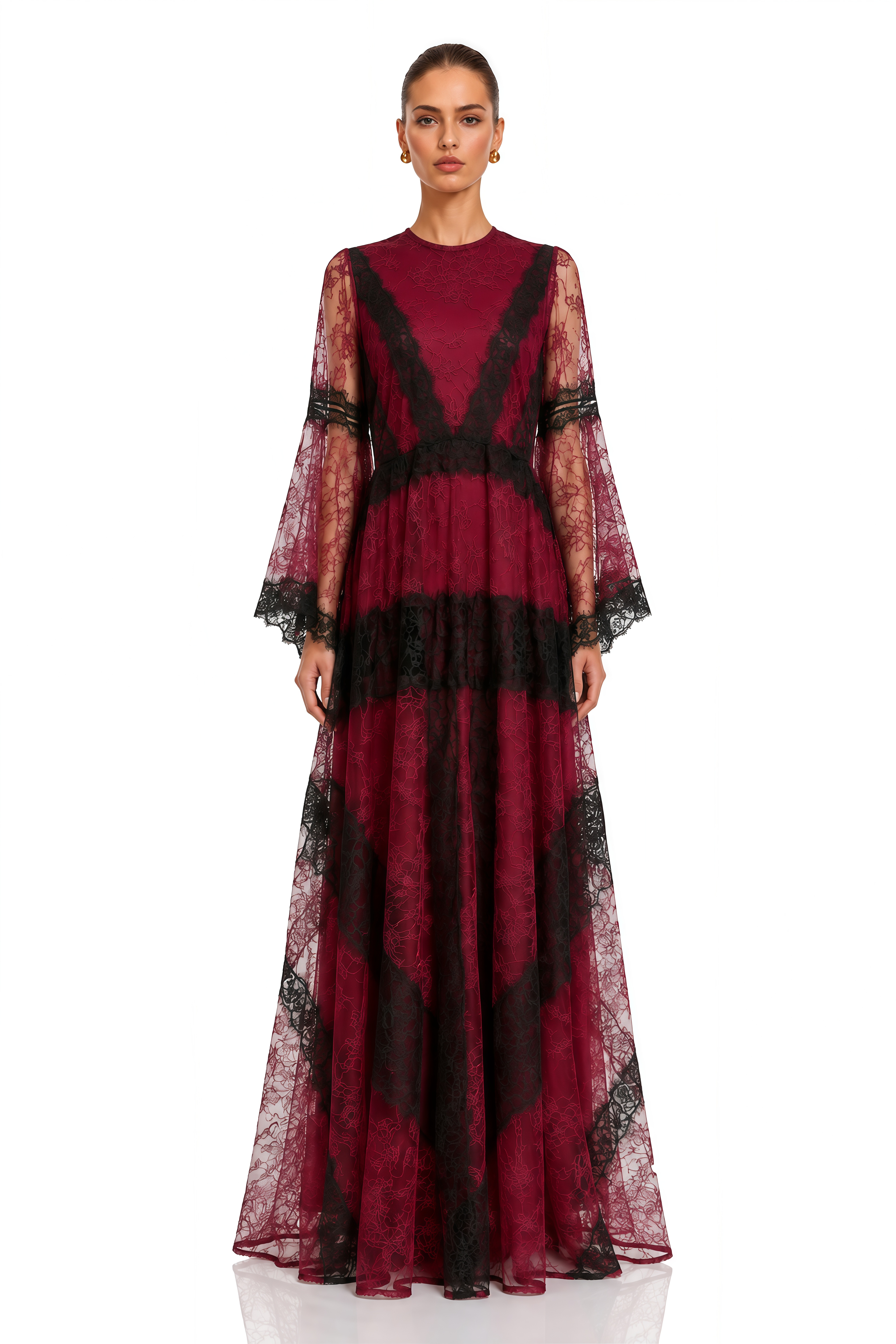 Valentina Burgundy Color Block Lace Maxi Dress