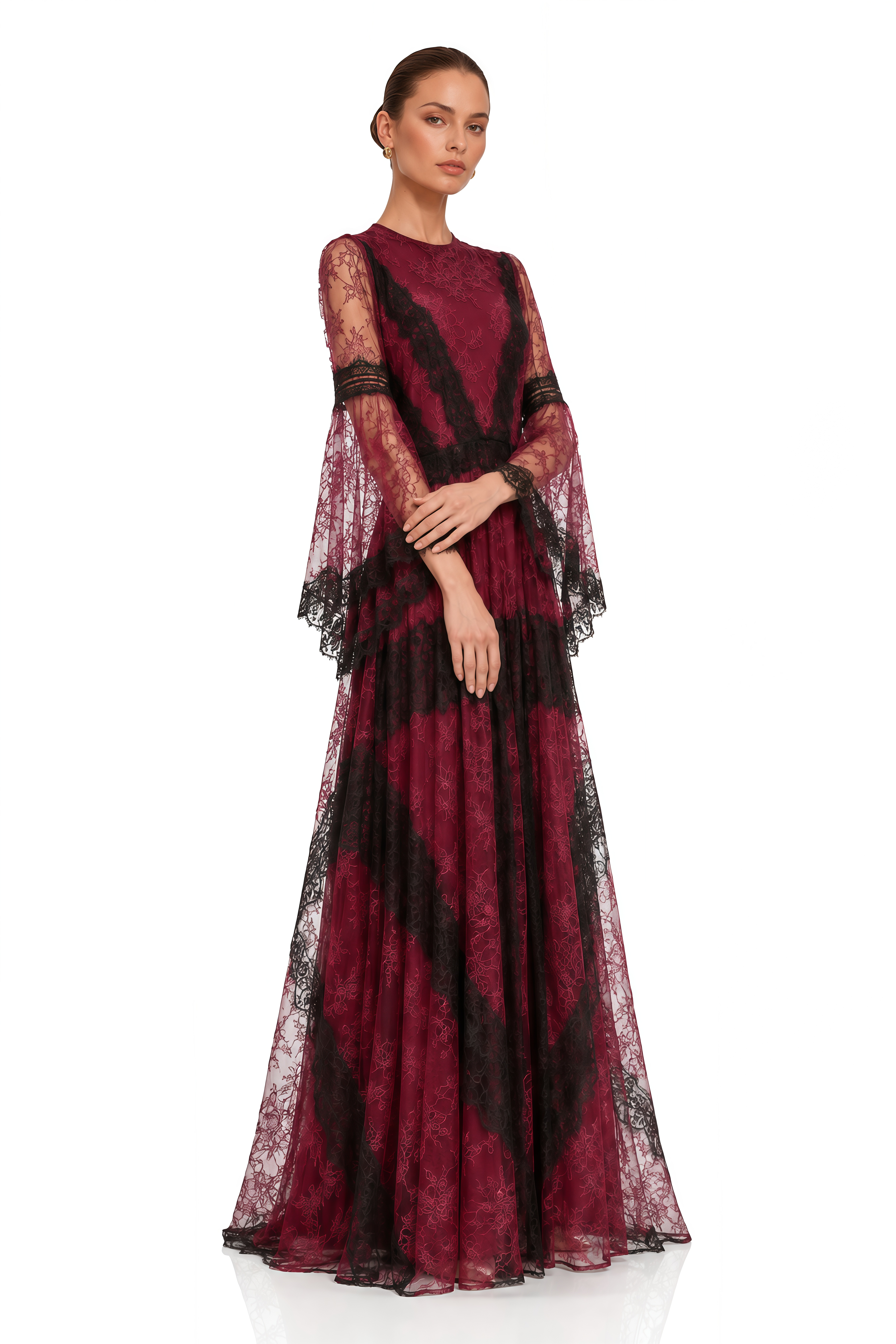 Valentina Burgundy Color Block Lace Maxi Dress