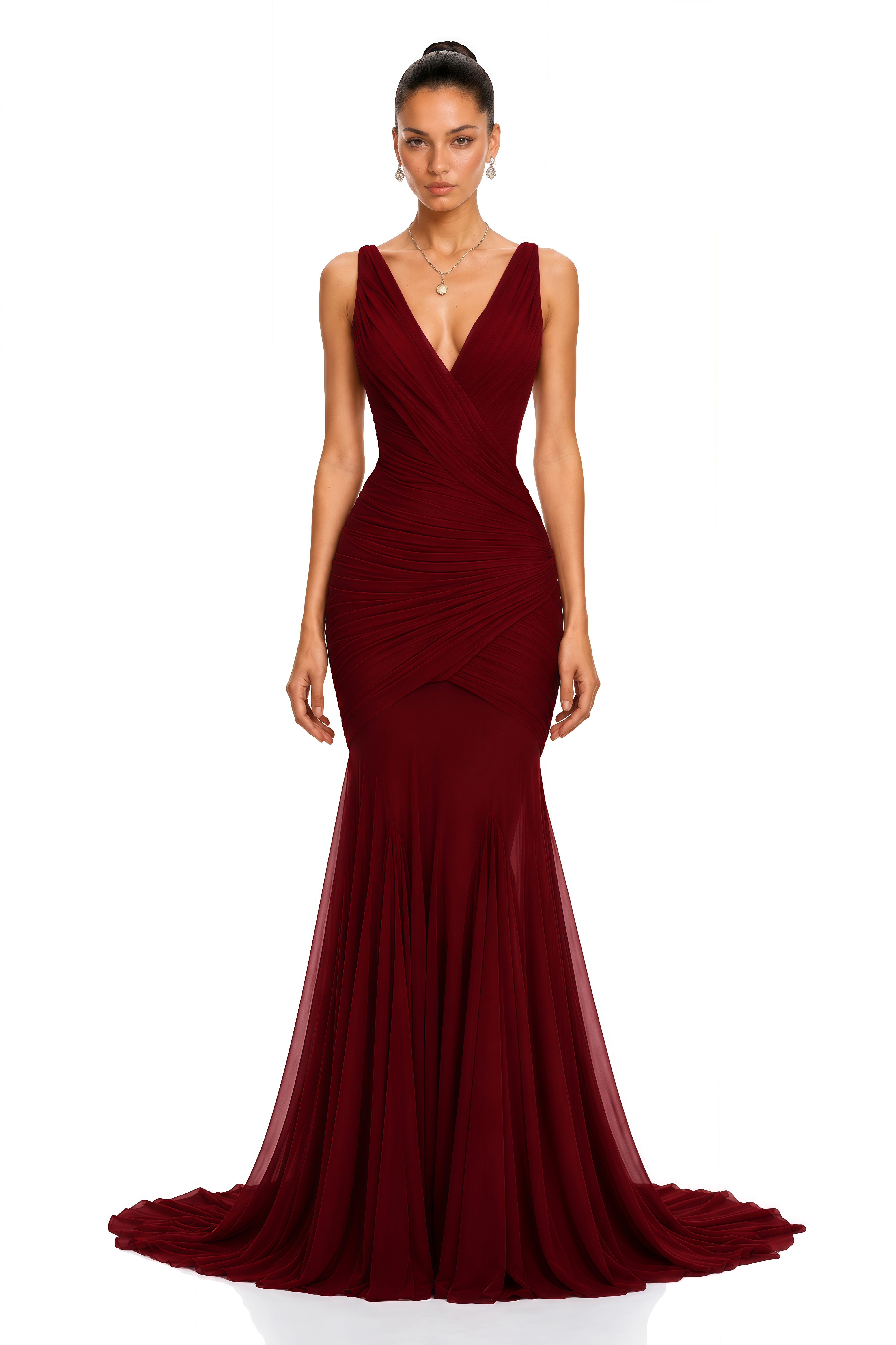 Valentina Burgundy V-Neck Ruched Maxi Dress