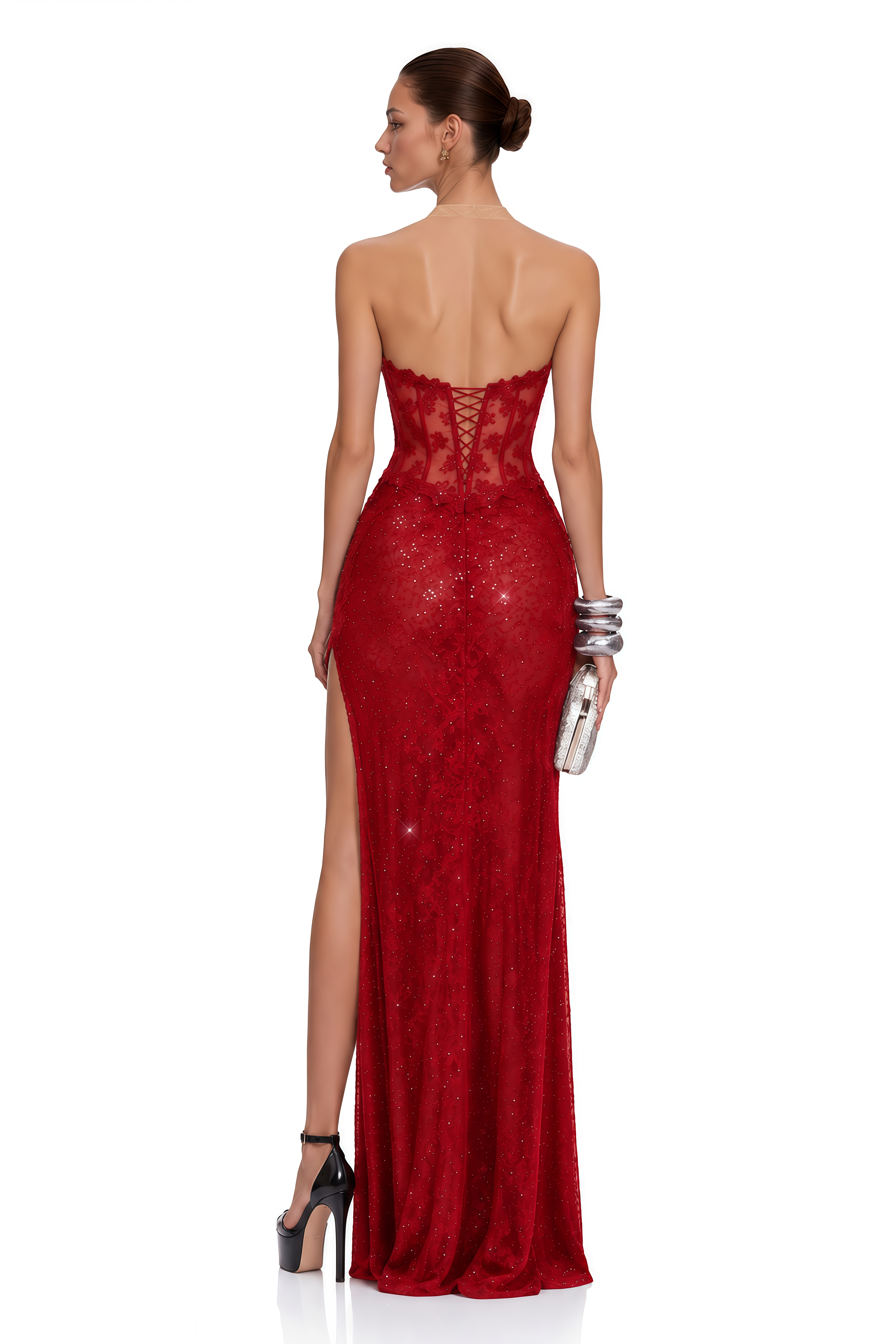 Valentina Red Sequin Lace Halterneck Slit Maxi Dress
