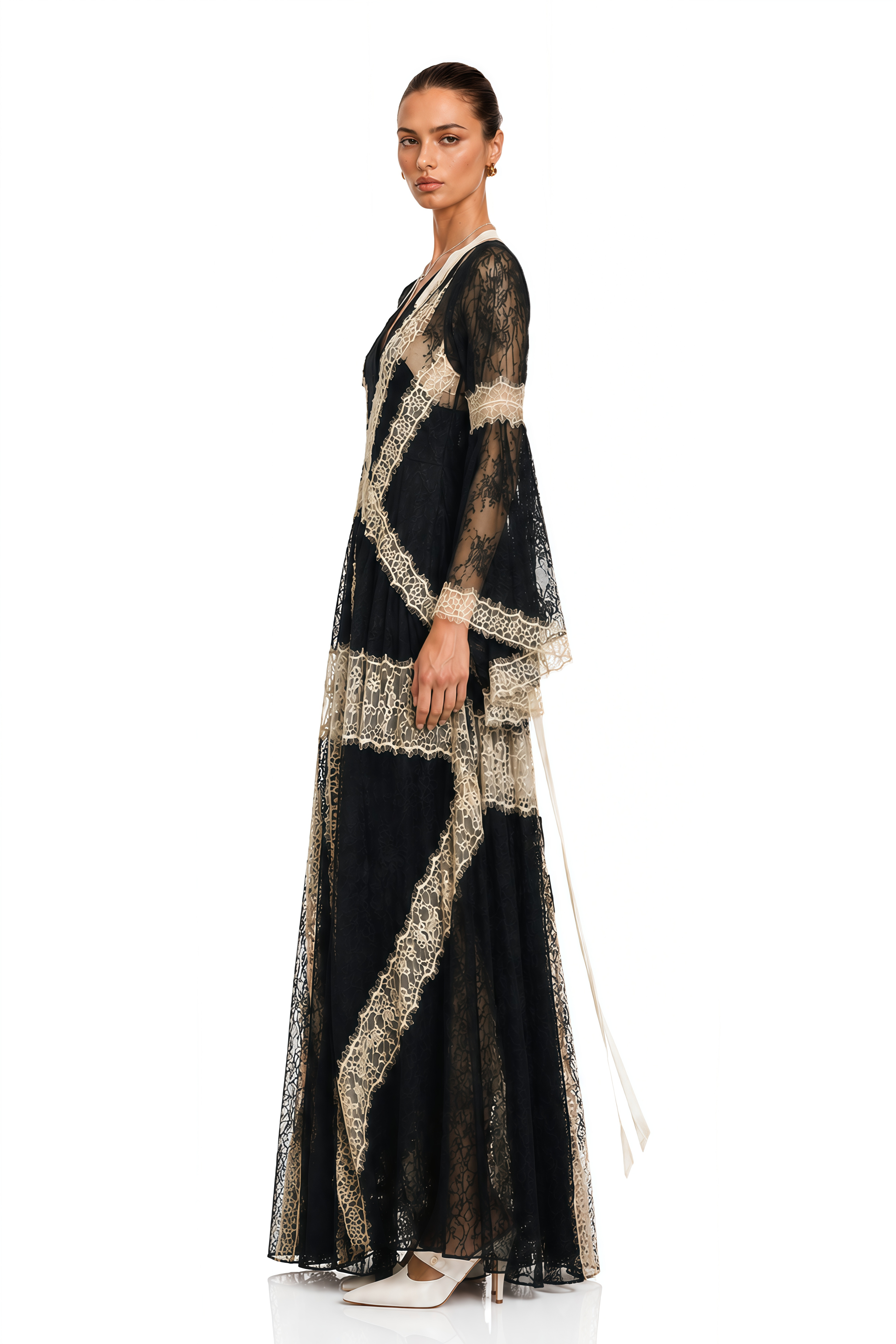 Black lace maxi dress with cream lace panels and bell sleeves