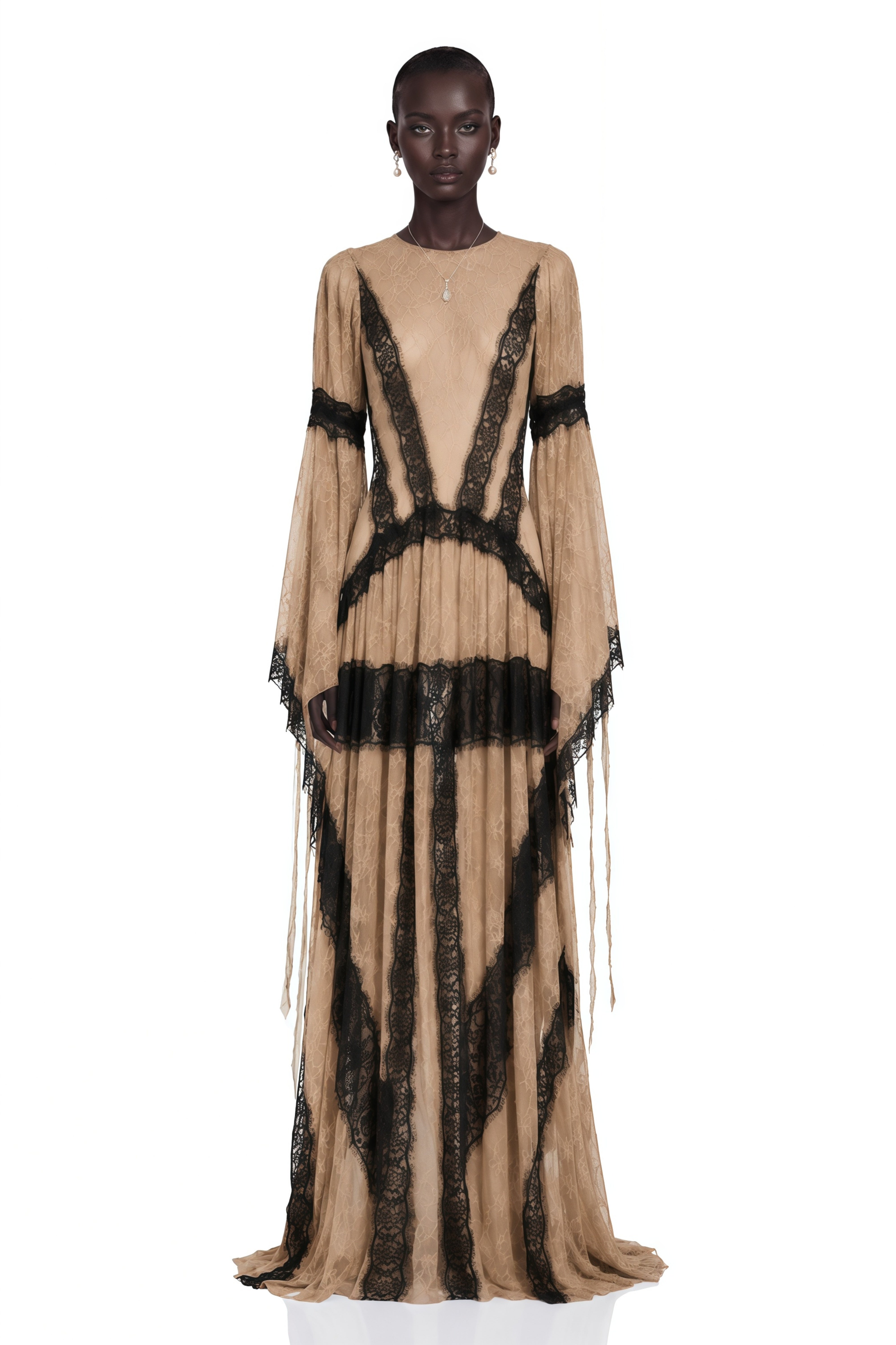 Beige lace maxi dress featuring long bell sleeves and contrast black lace trim