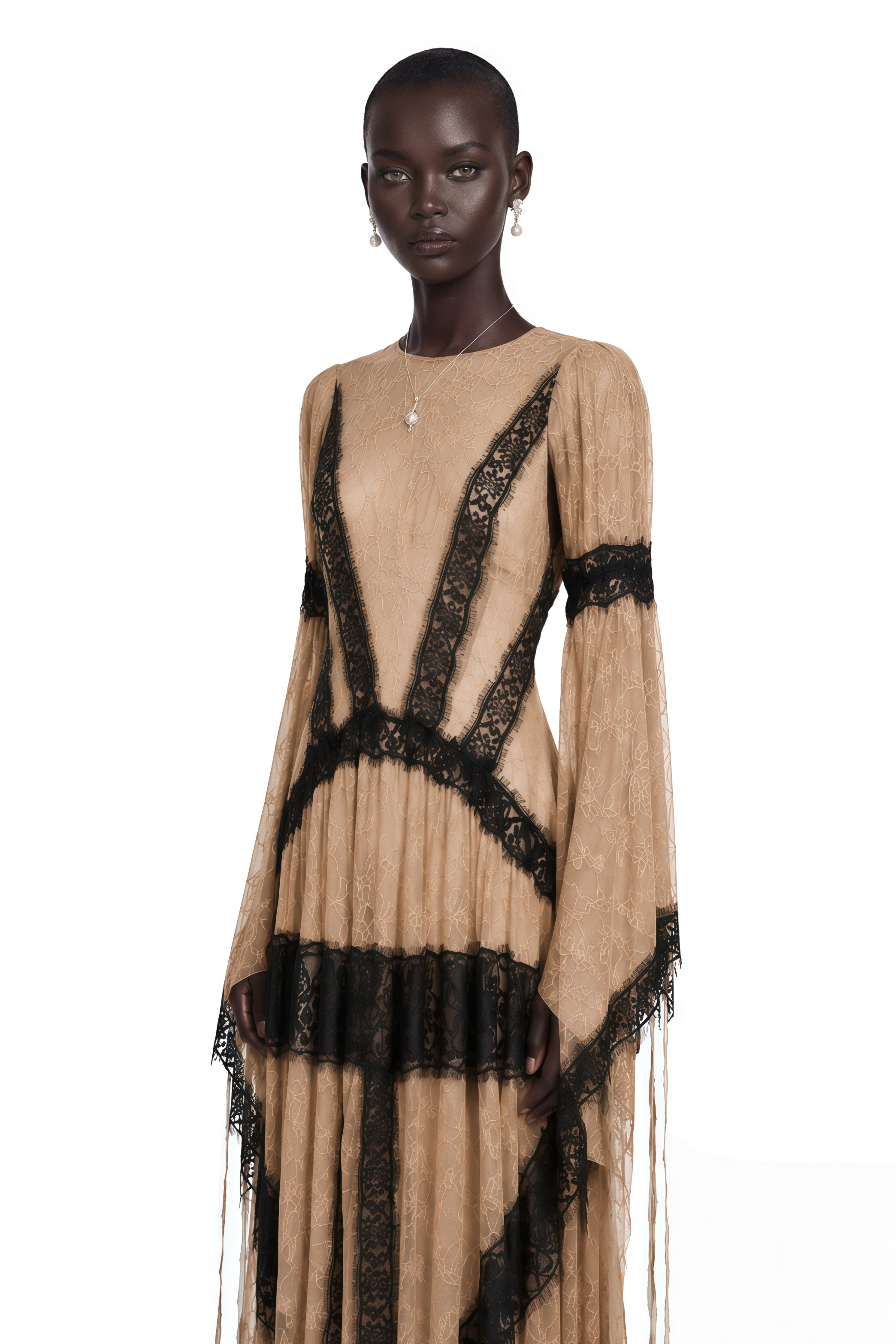 Beige lace maxi dress featuring long bell sleeves and contrast black lace trim