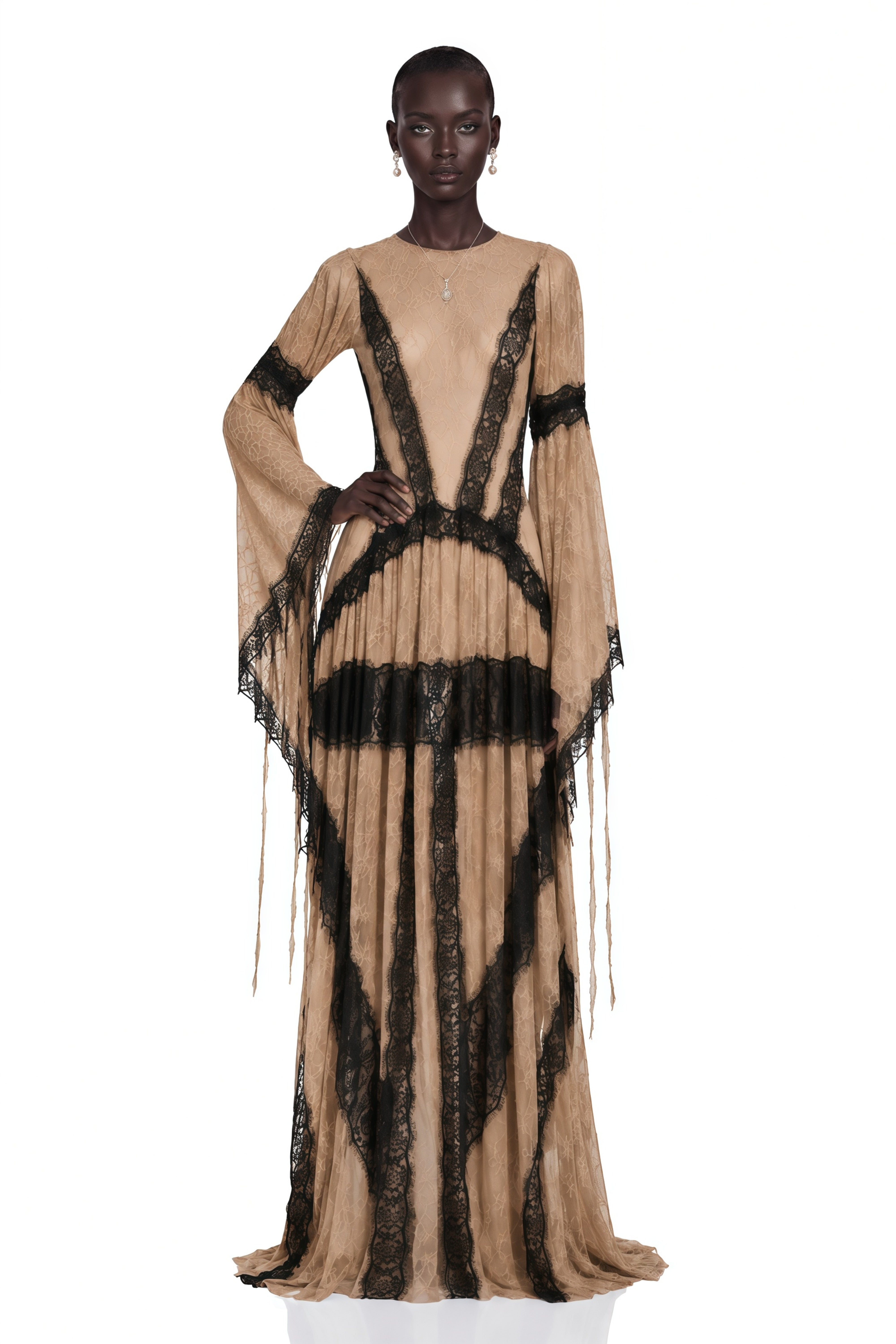 Beige lace maxi dress featuring long bell sleeves and contrast black lace trim