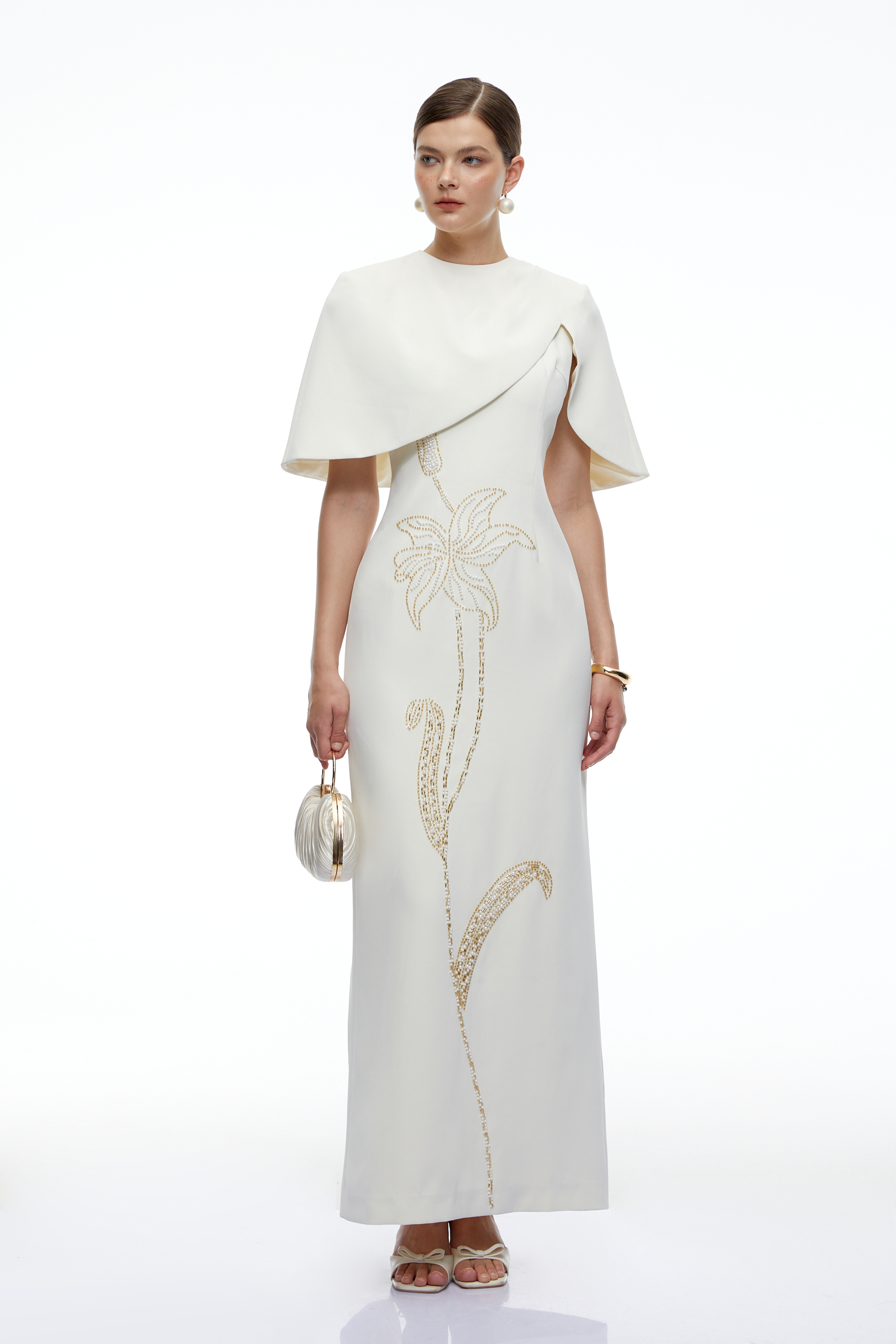 Valentino White Cape Detail Maxi Dress
