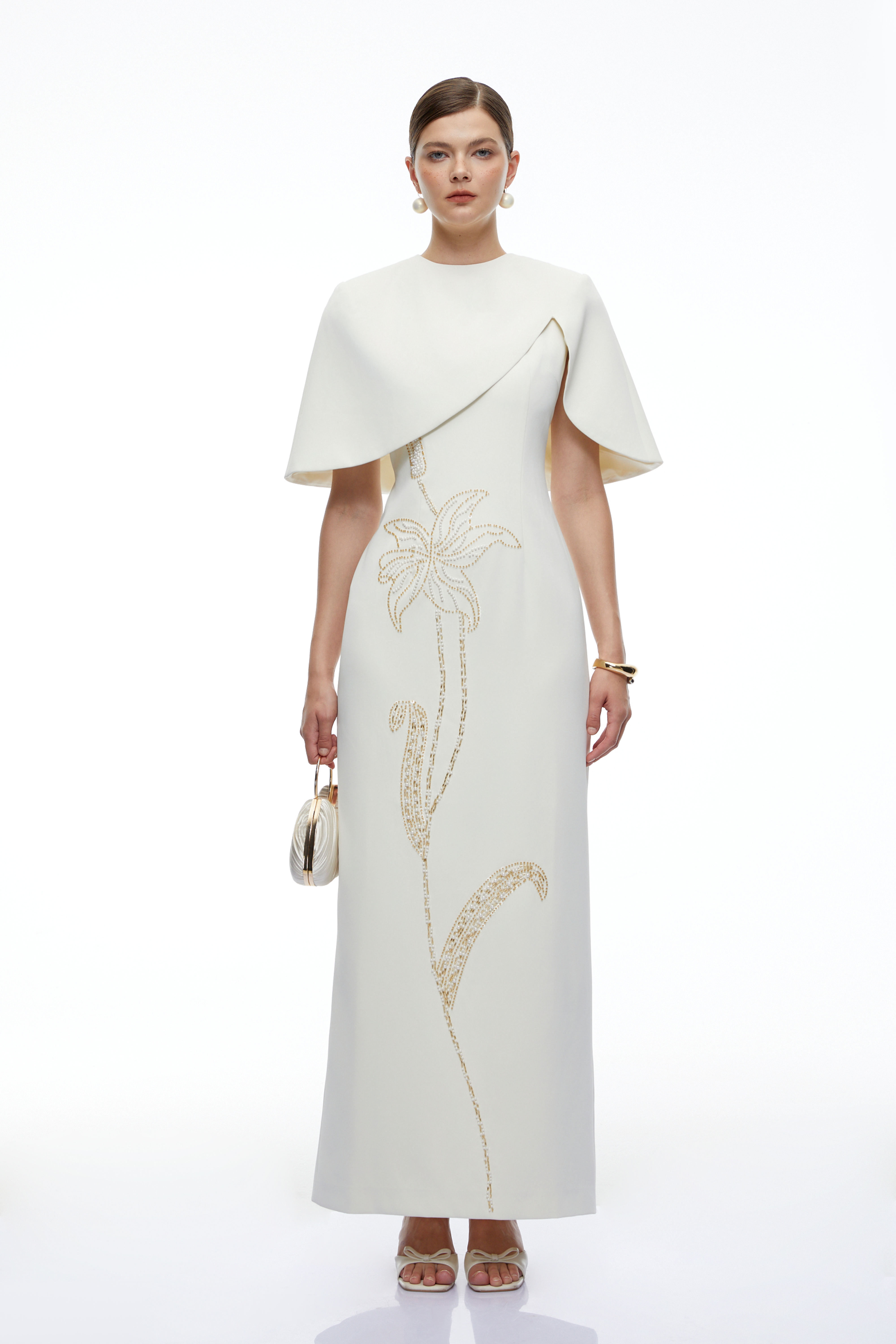 Valentino White Cape Detail Maxi Dress