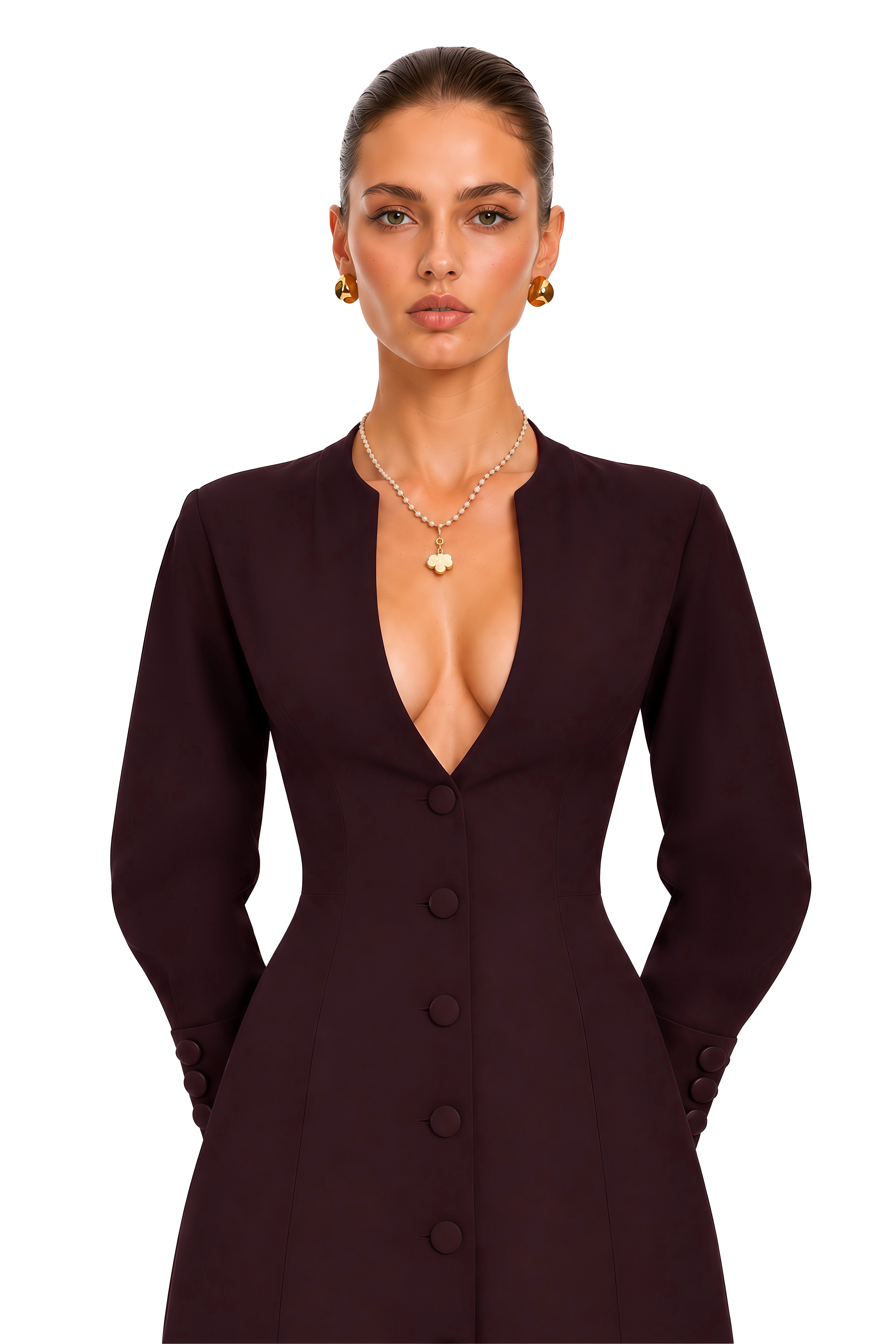 Valeria Burgundy Deep-V Buttoned Mini Dress