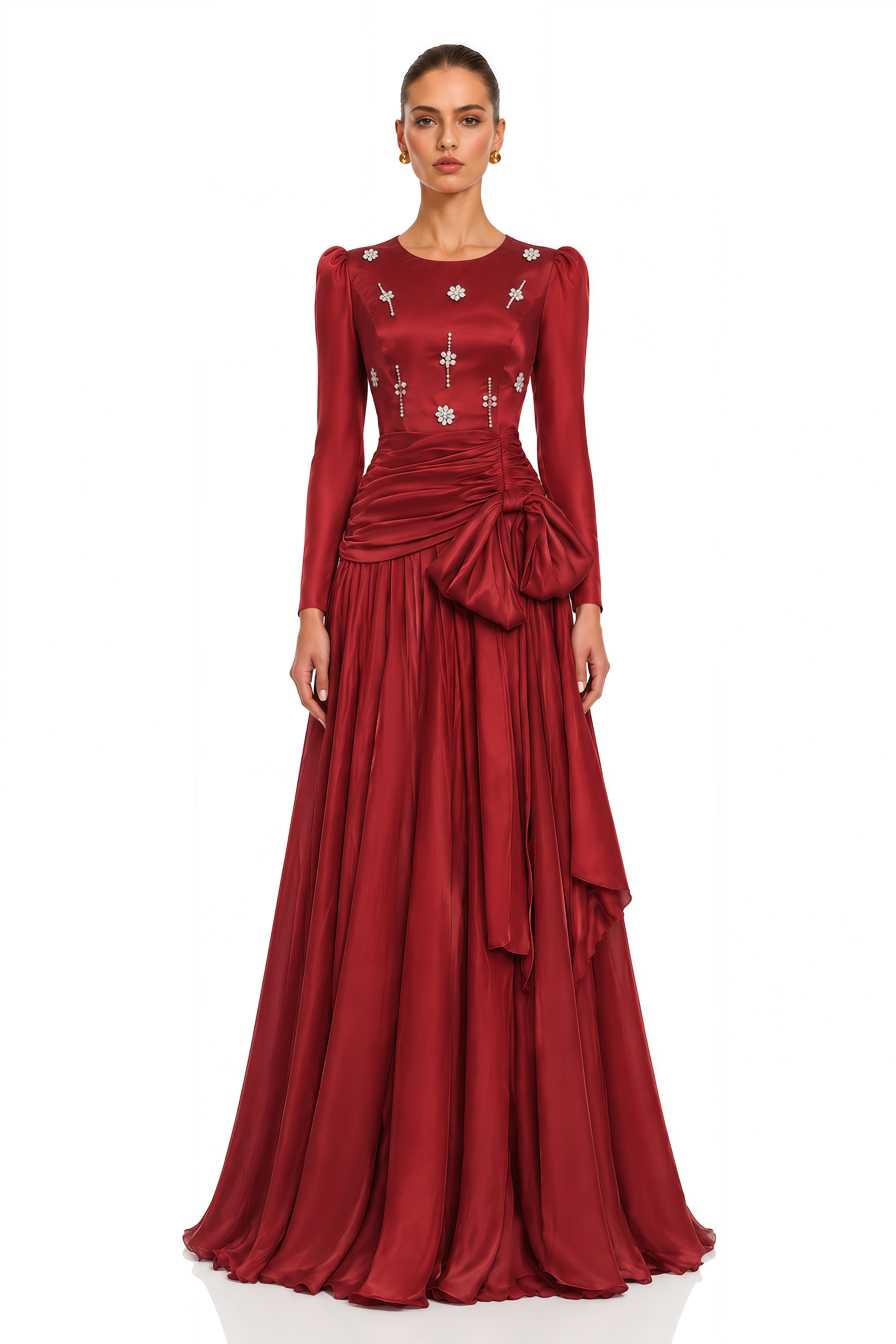 Valeria Ruby Red Embellished Bow Ruched Maxi Dress