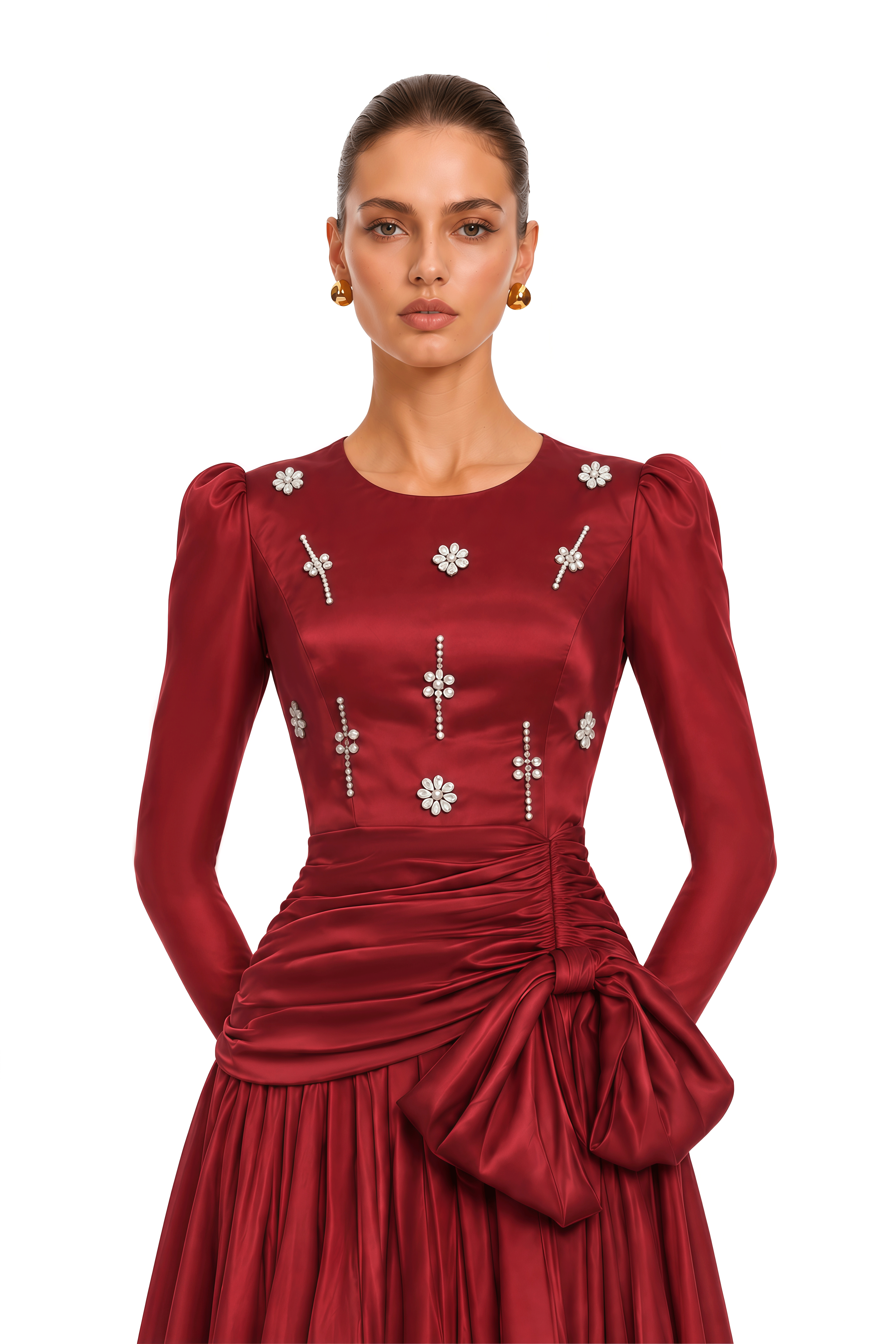 Valeria Ruby Red Embellished Bow Ruched Maxi Dress