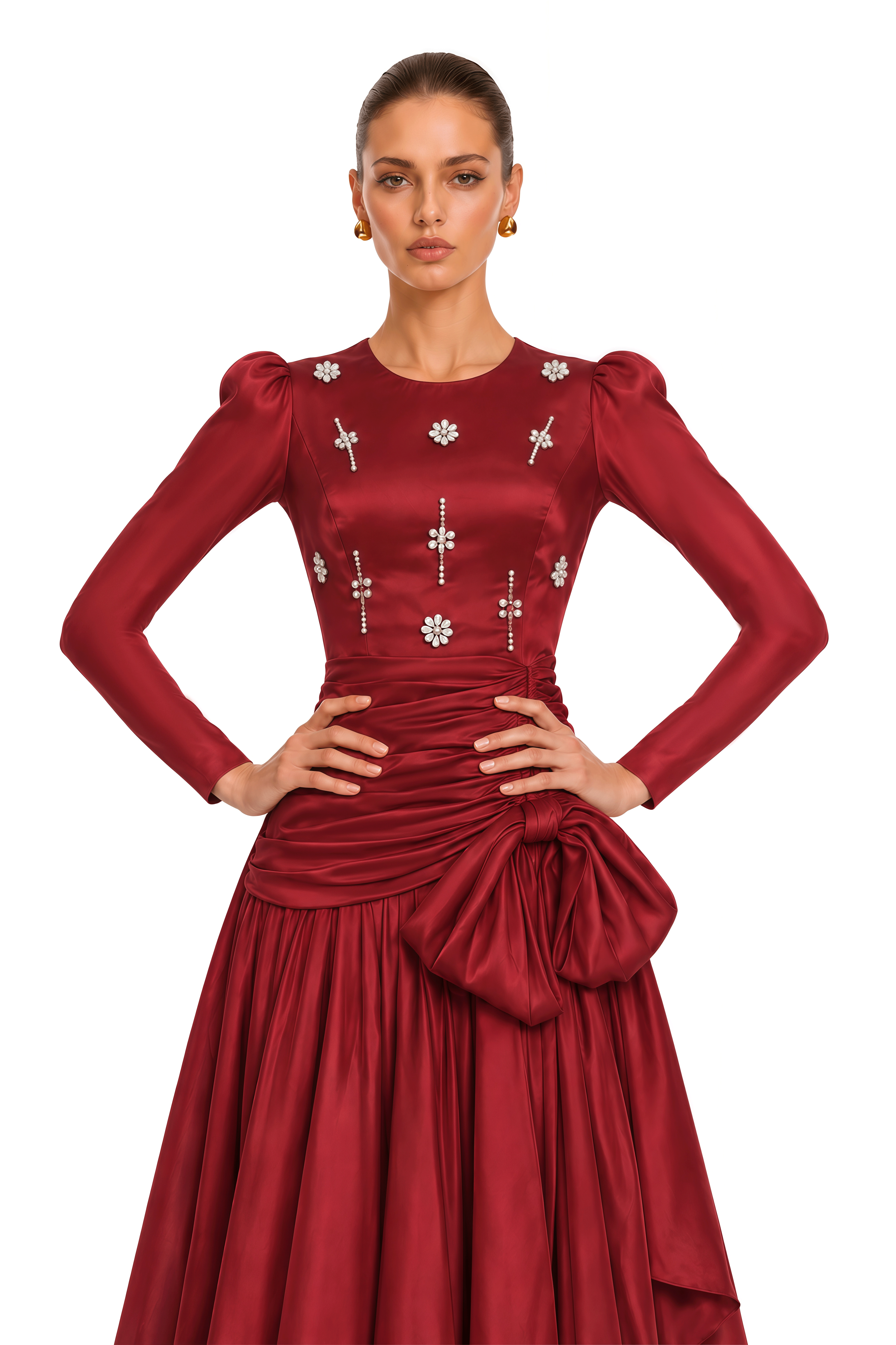 Valeria Ruby Red Embellished Bow Ruched Maxi Dress