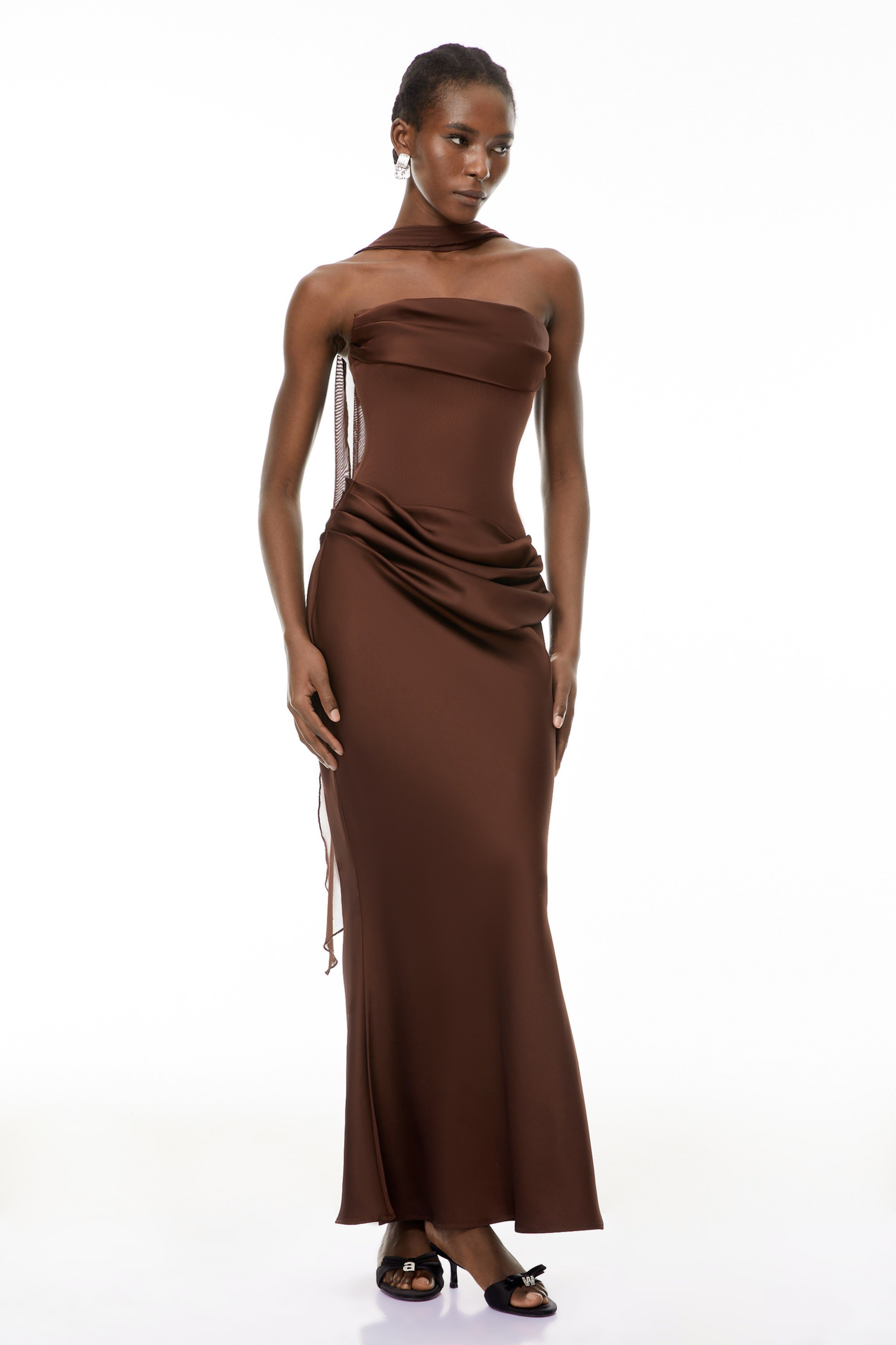 Brown Ruched Corset Maxi Dress