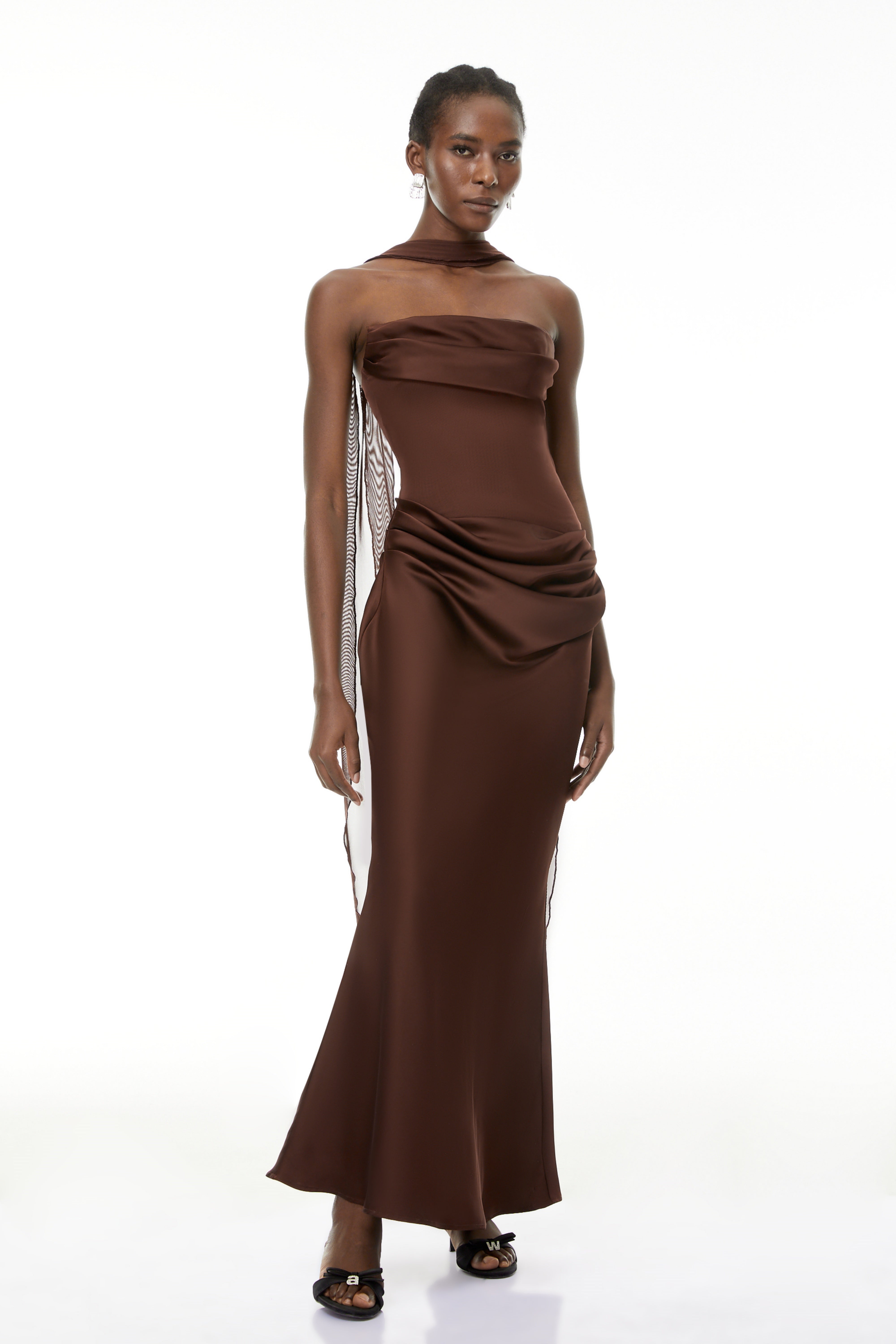 Brown Ruched Corset Maxi Dress