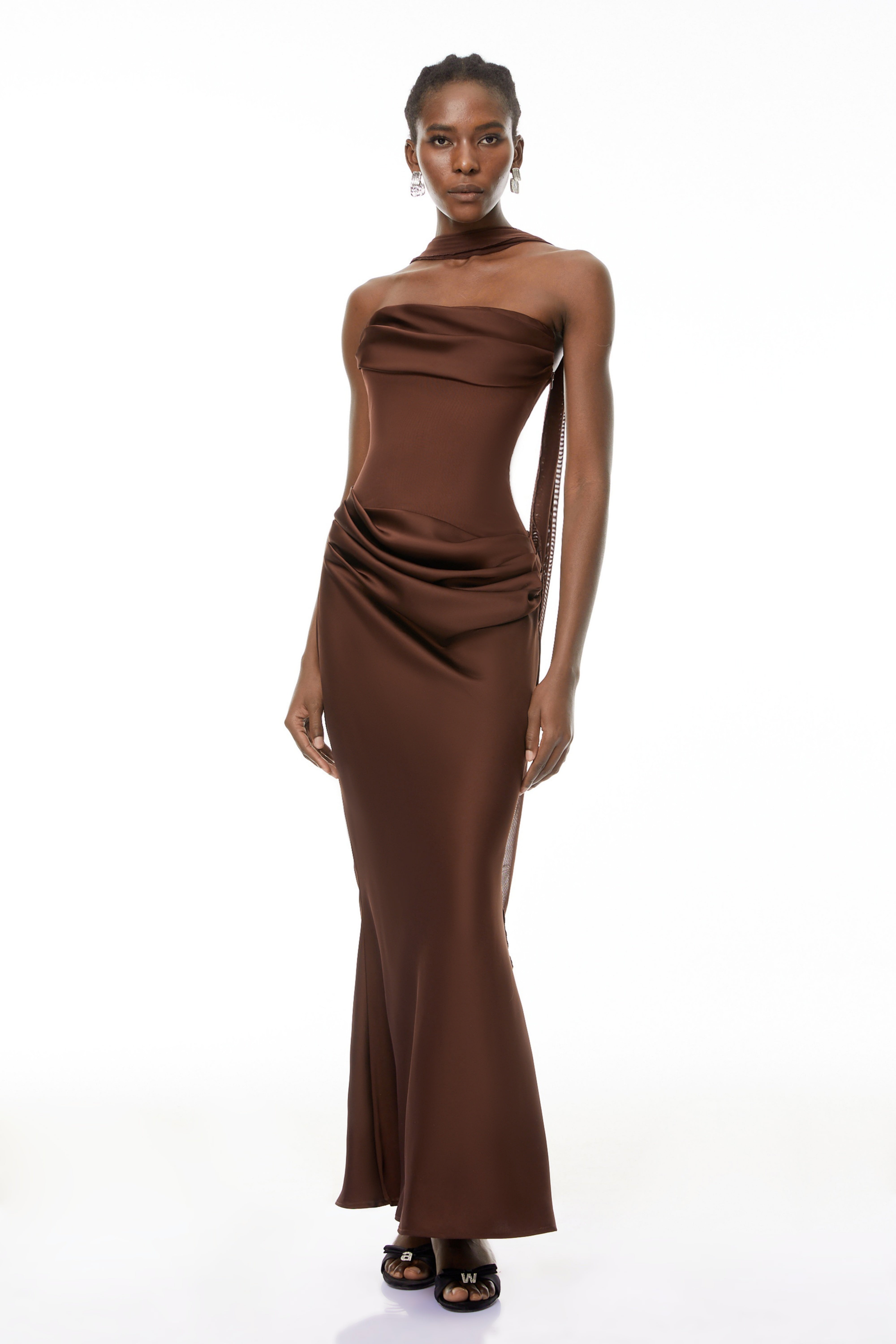 Brown Ruched Corset Maxi Dress