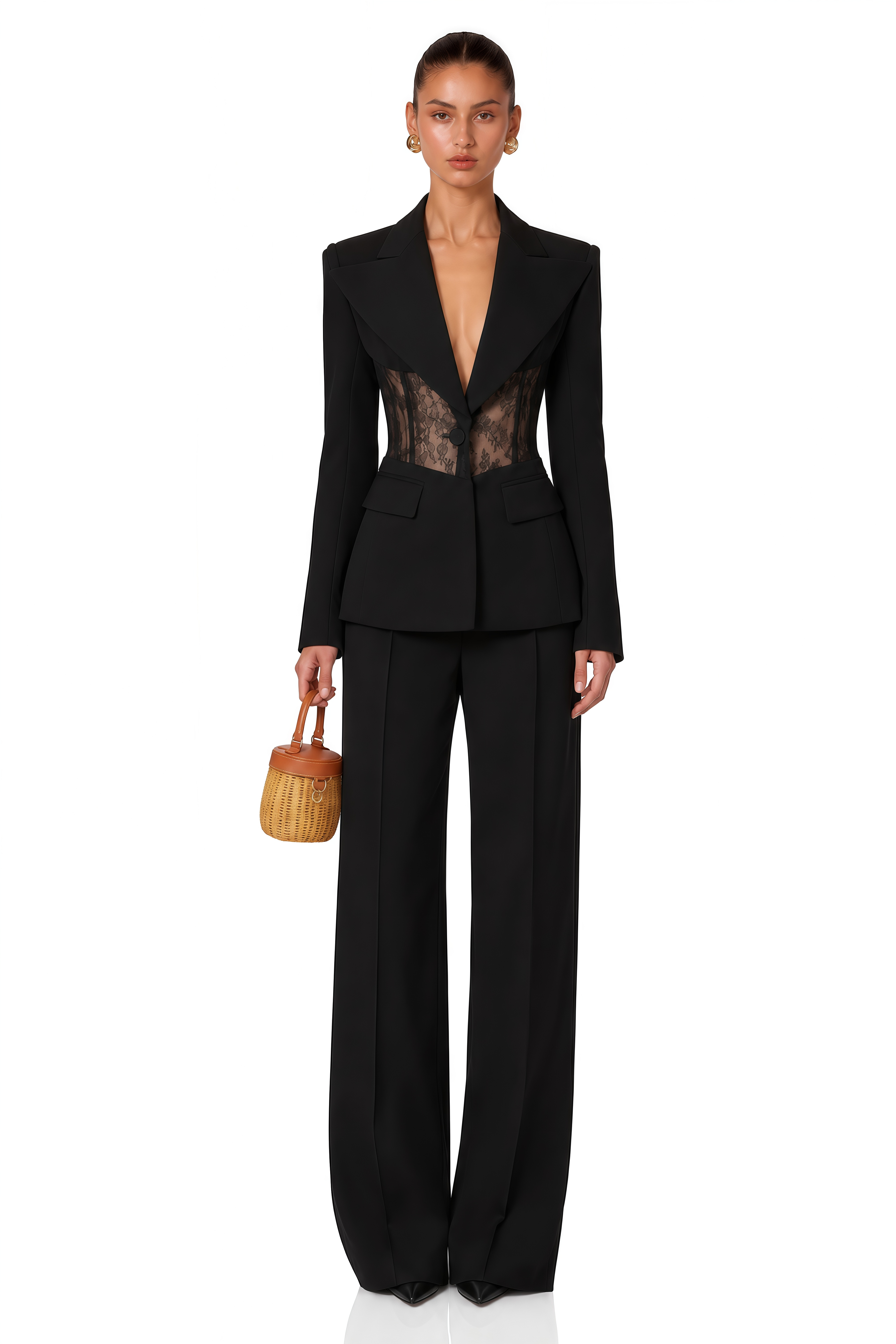 Verena Black Floral Lace Panel Blazer