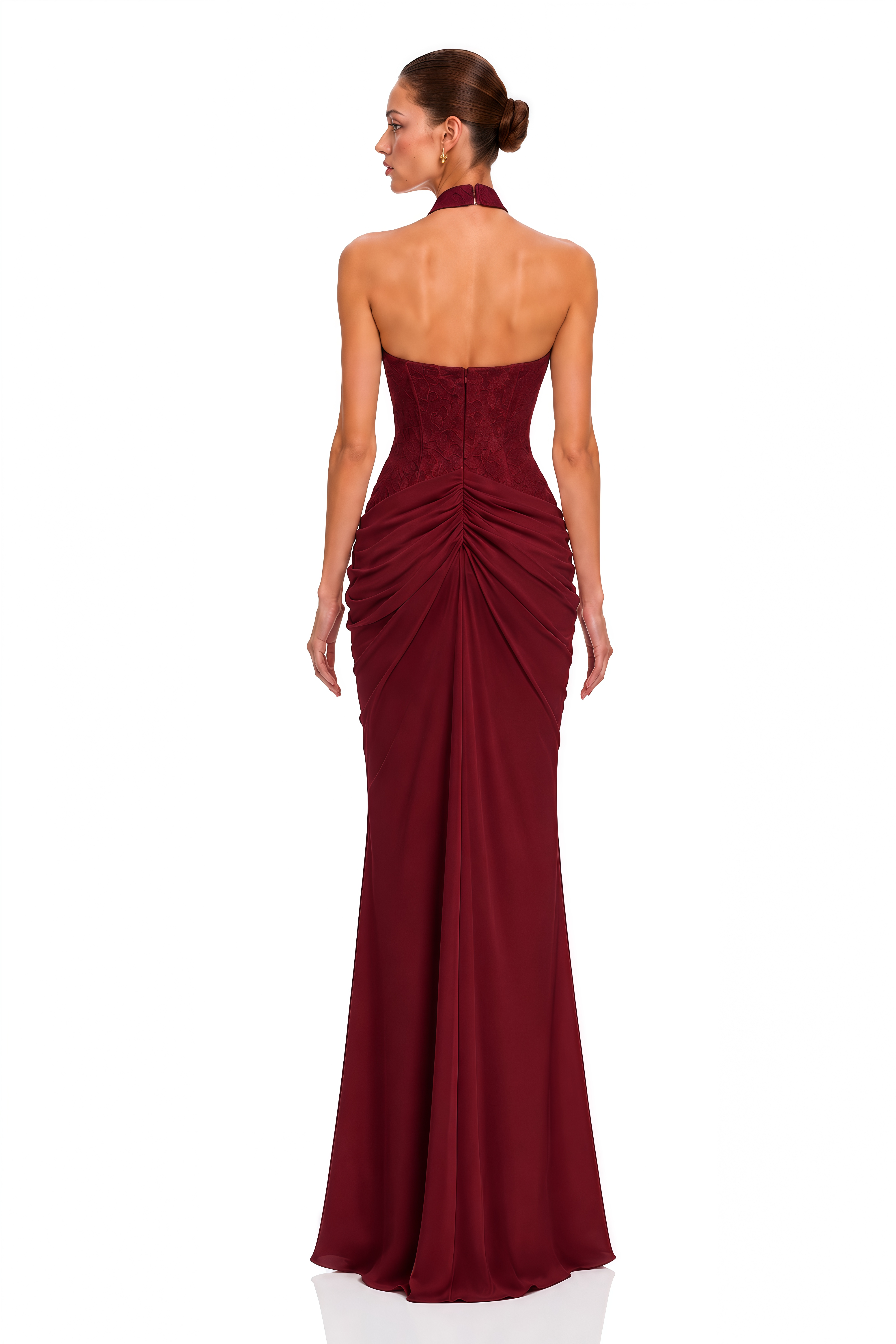 Verena Burgundy Plunge Halterneck Lace Ruched Maxi Dress