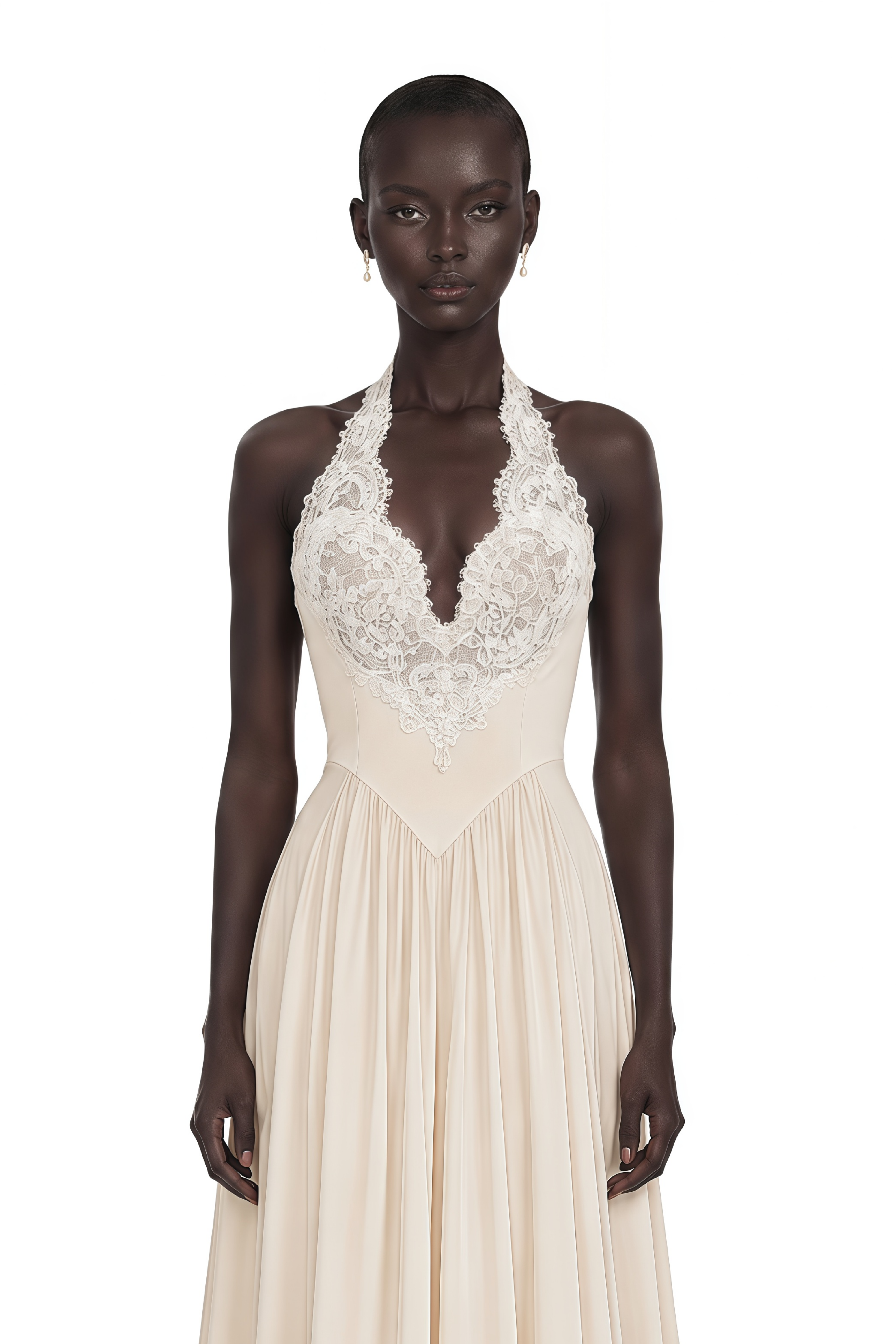 Cream halter maxi dress featuring an intricate lace bodice and a flowing pleated skirt