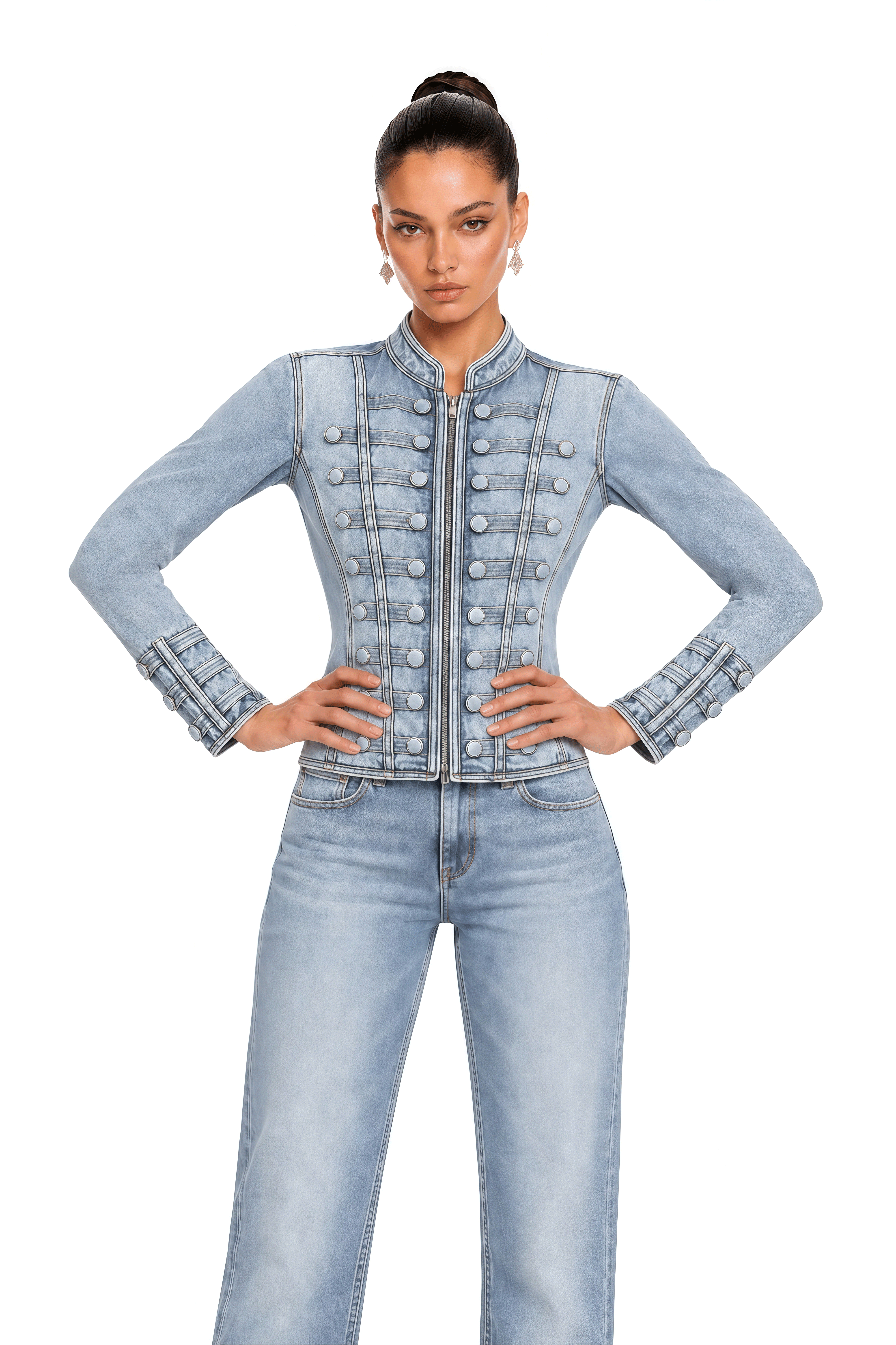 Vespera Blue Button Detail Cropped Denim Jacket