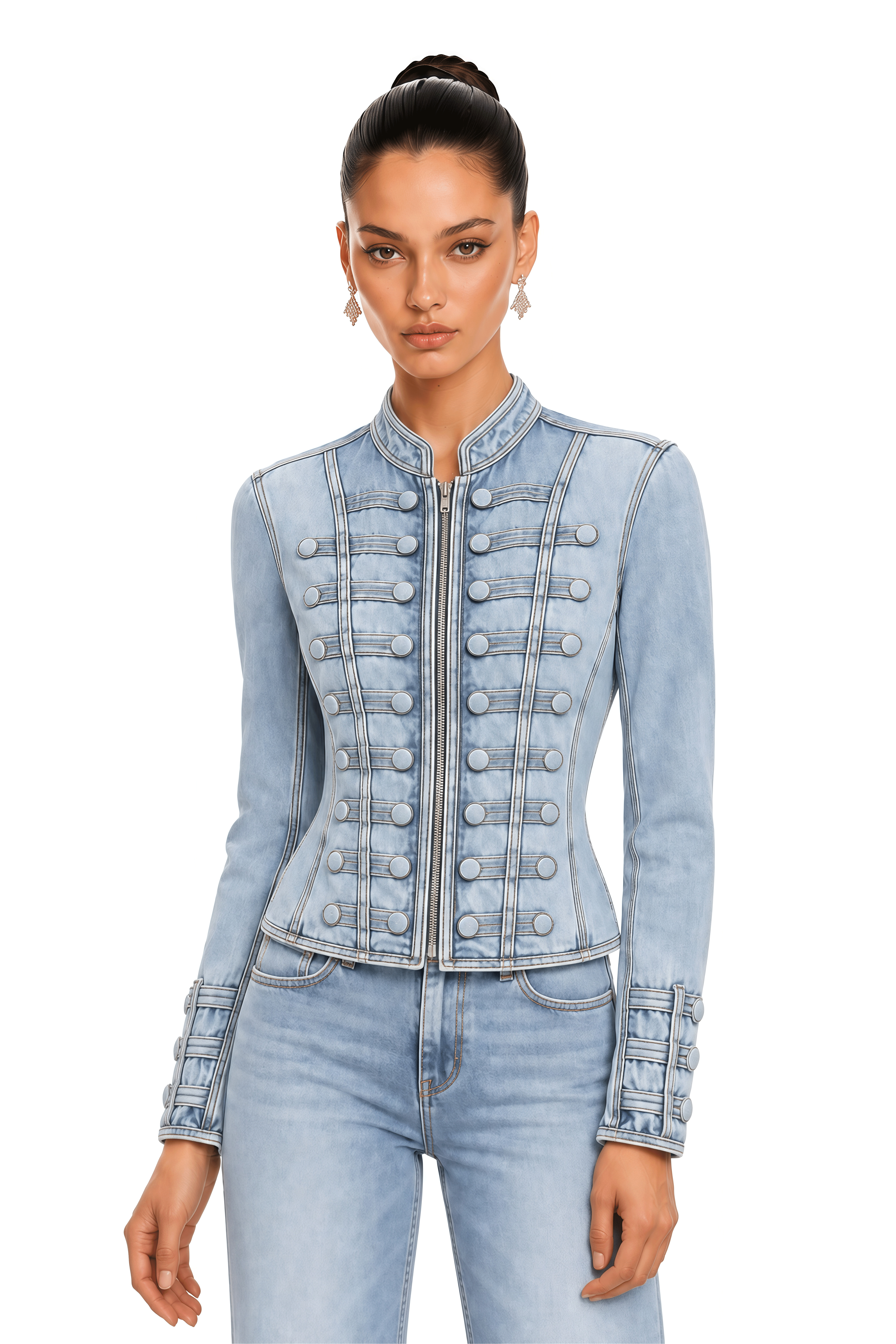 Vespera Blue Button Detail Cropped Denim Jacket
