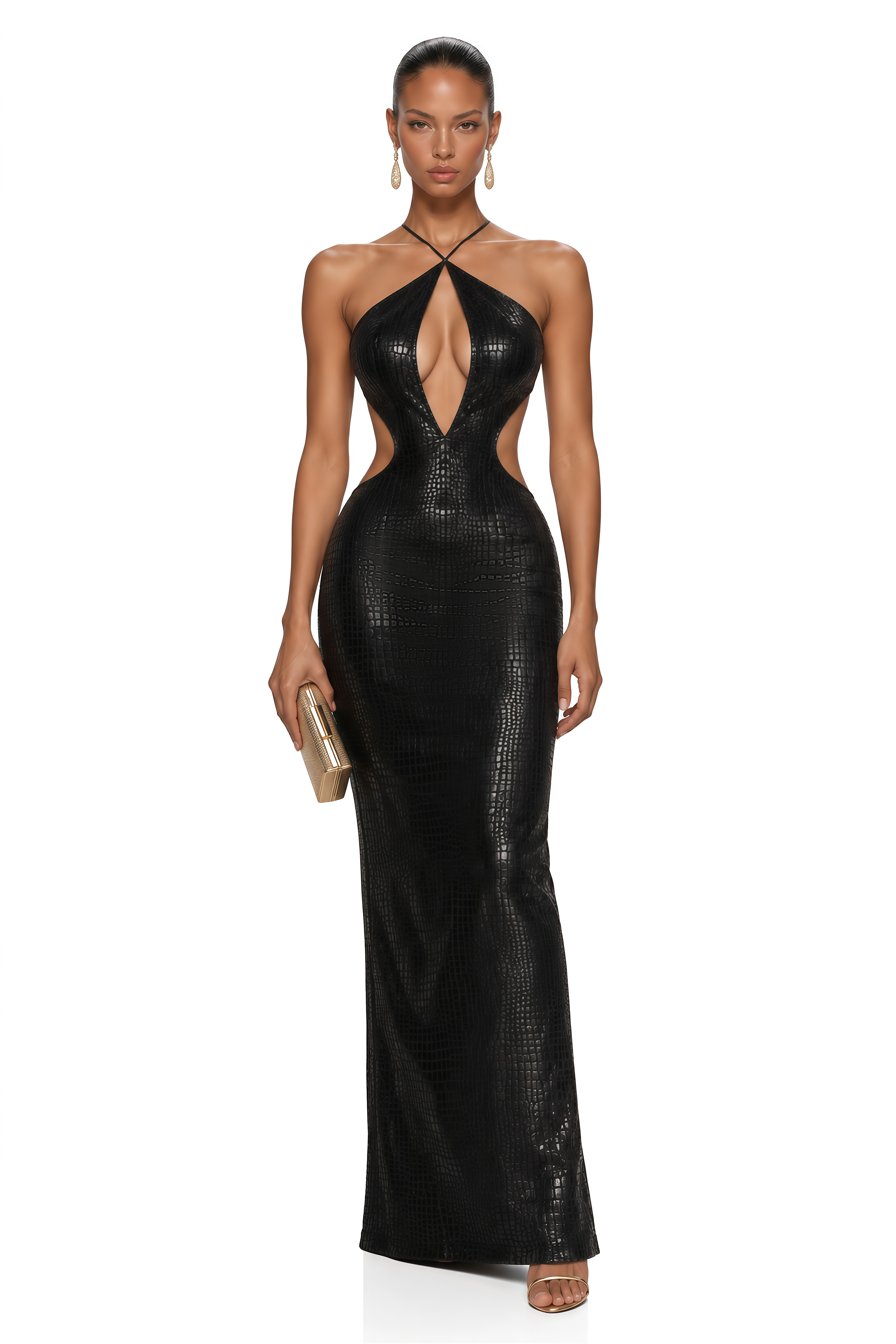 Vesperine Black Croc Effect Cut-Out Halter Maxi Dress
