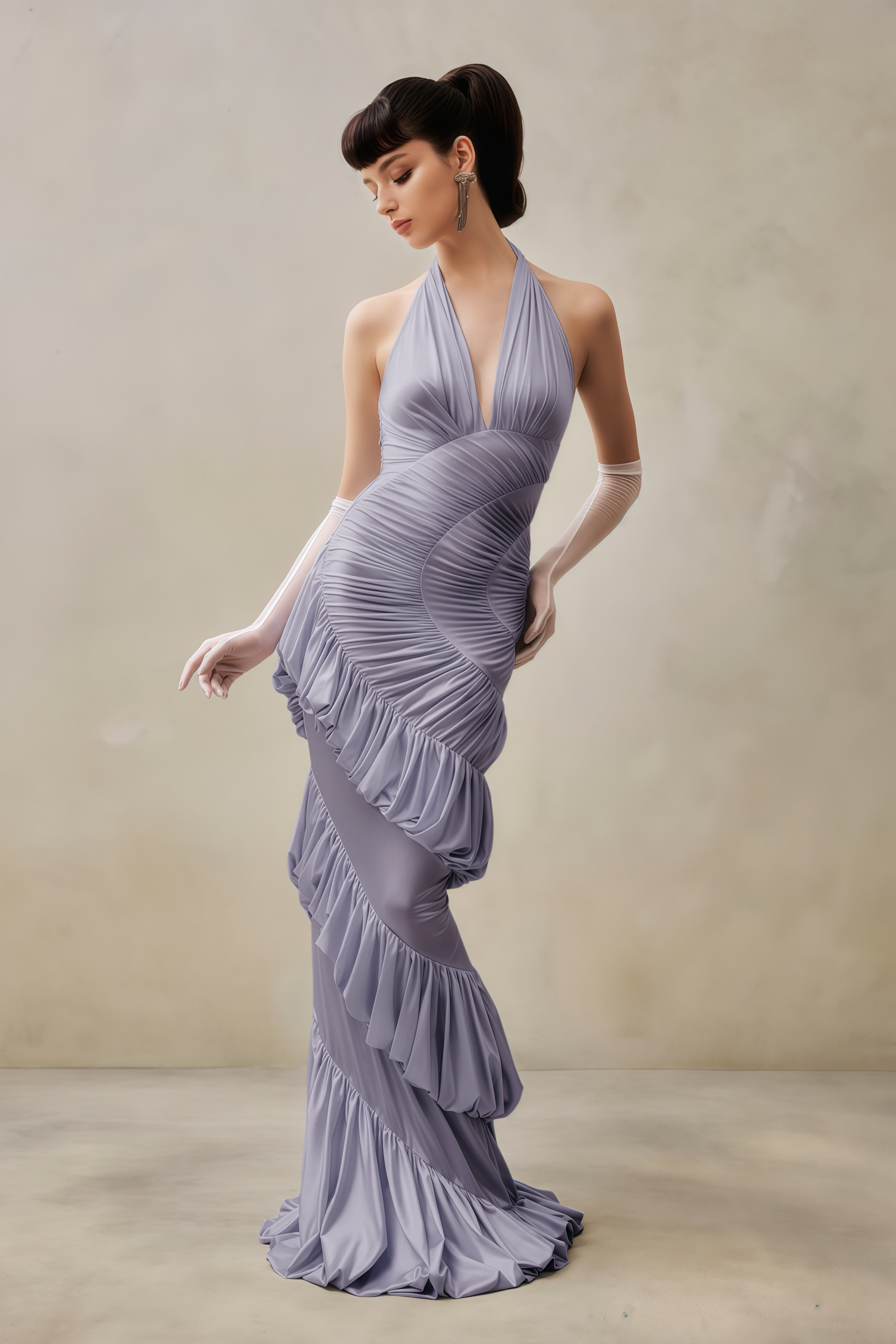 Lavender halter neck gown with spiral ruffles and ruched detailing