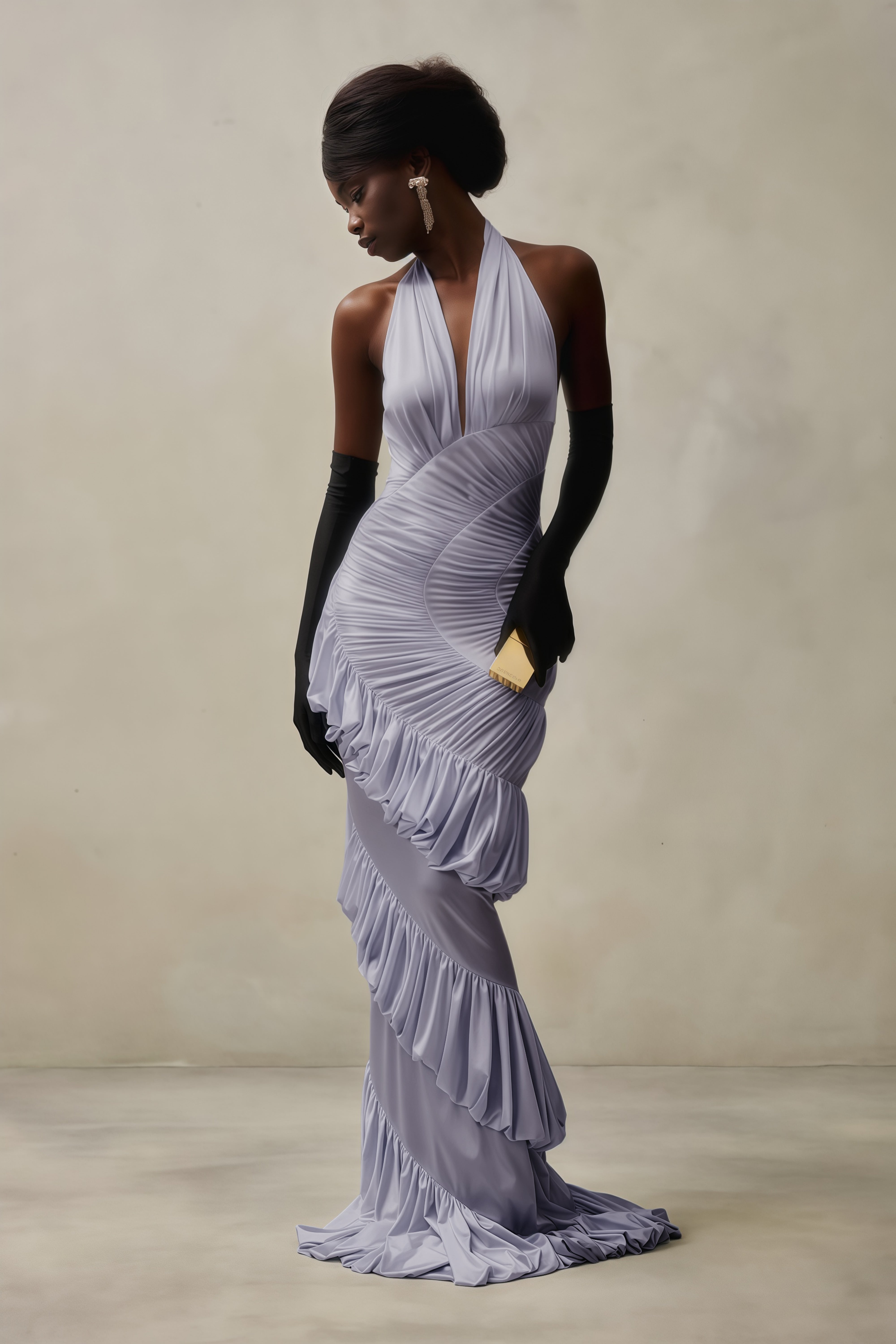 Lavender halter neck gown with spiral ruffles and ruched detailing
