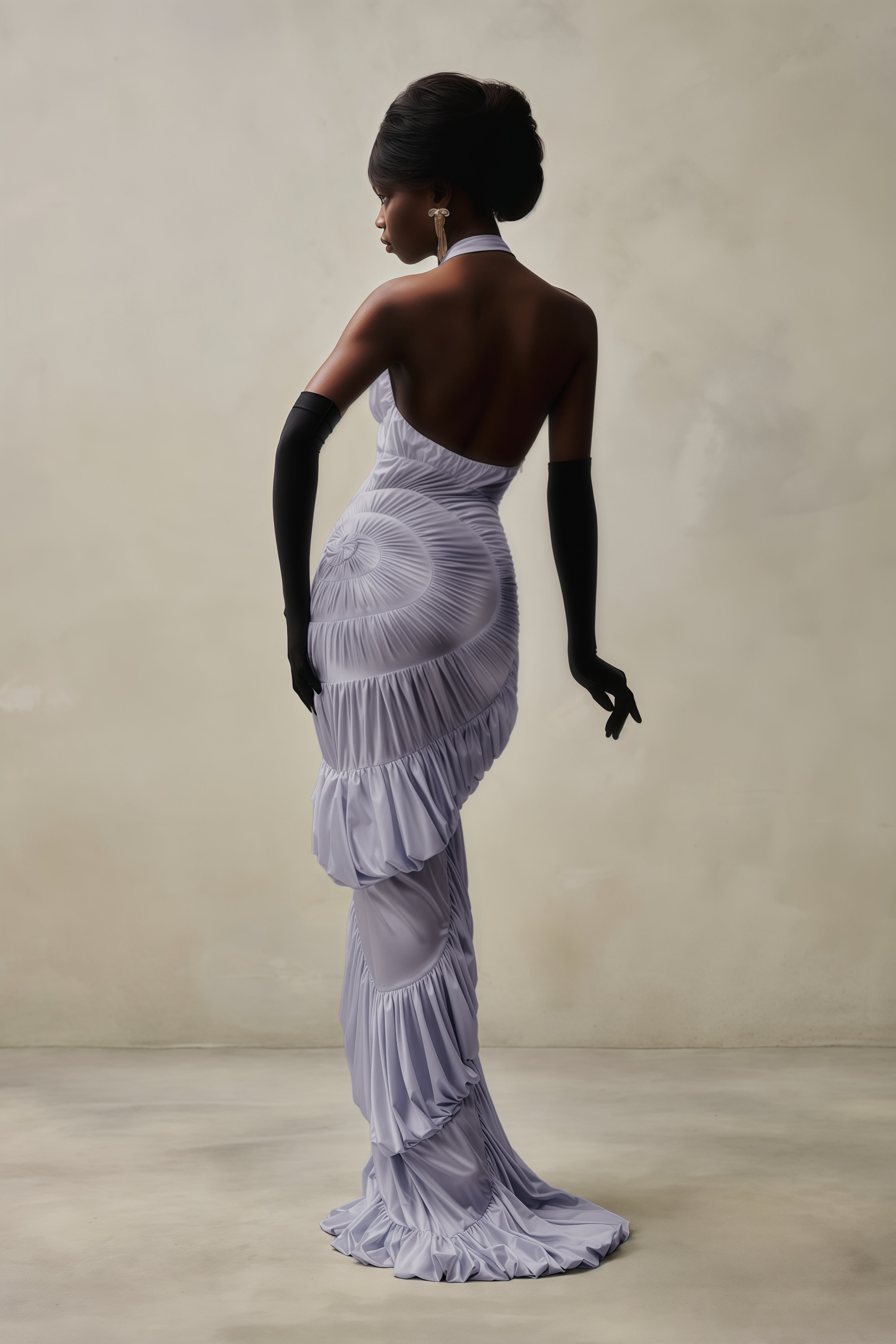 Lavender halter neck gown with spiral ruffles and ruched detailing