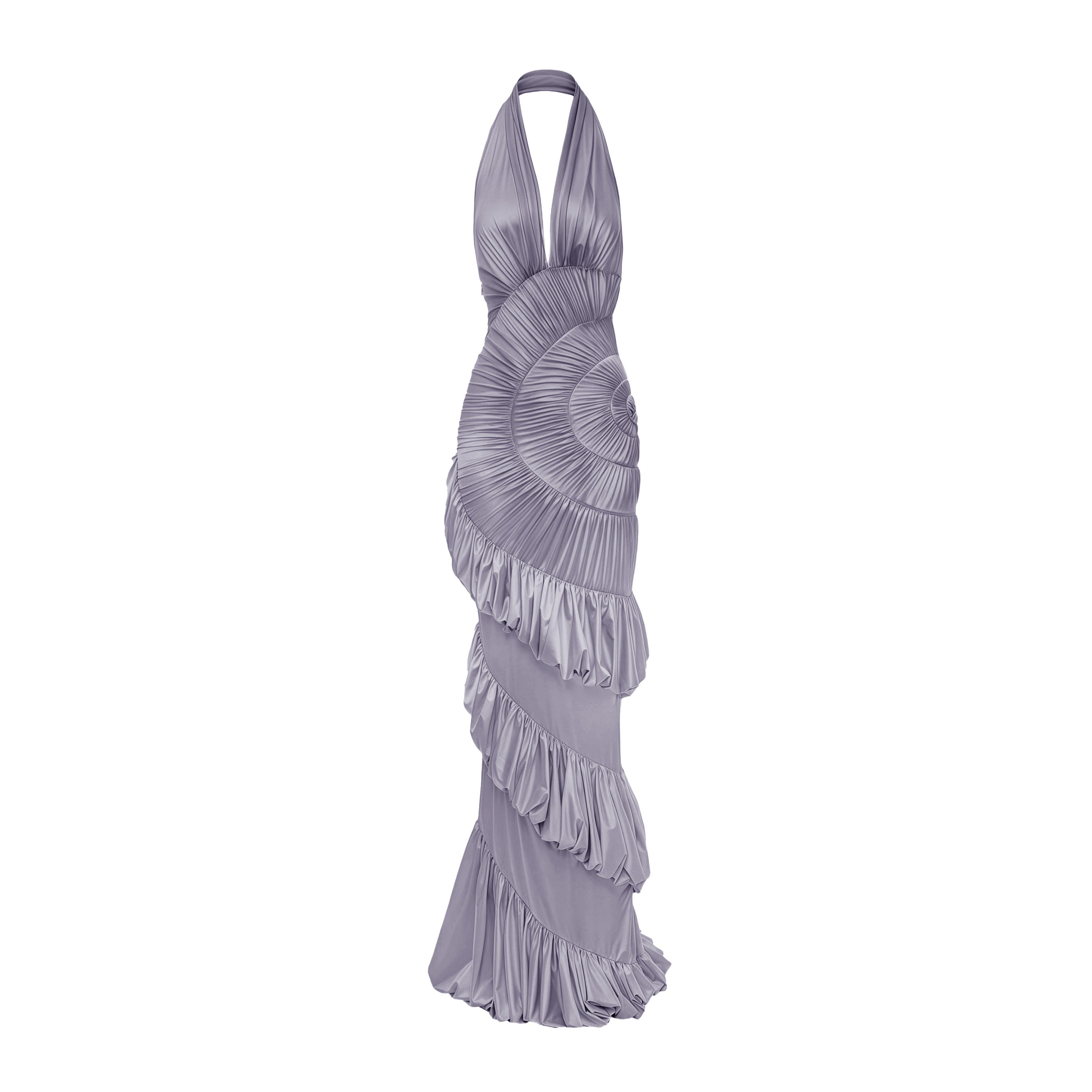 Lavender halter neck gown with spiral ruffles and ruched detailing