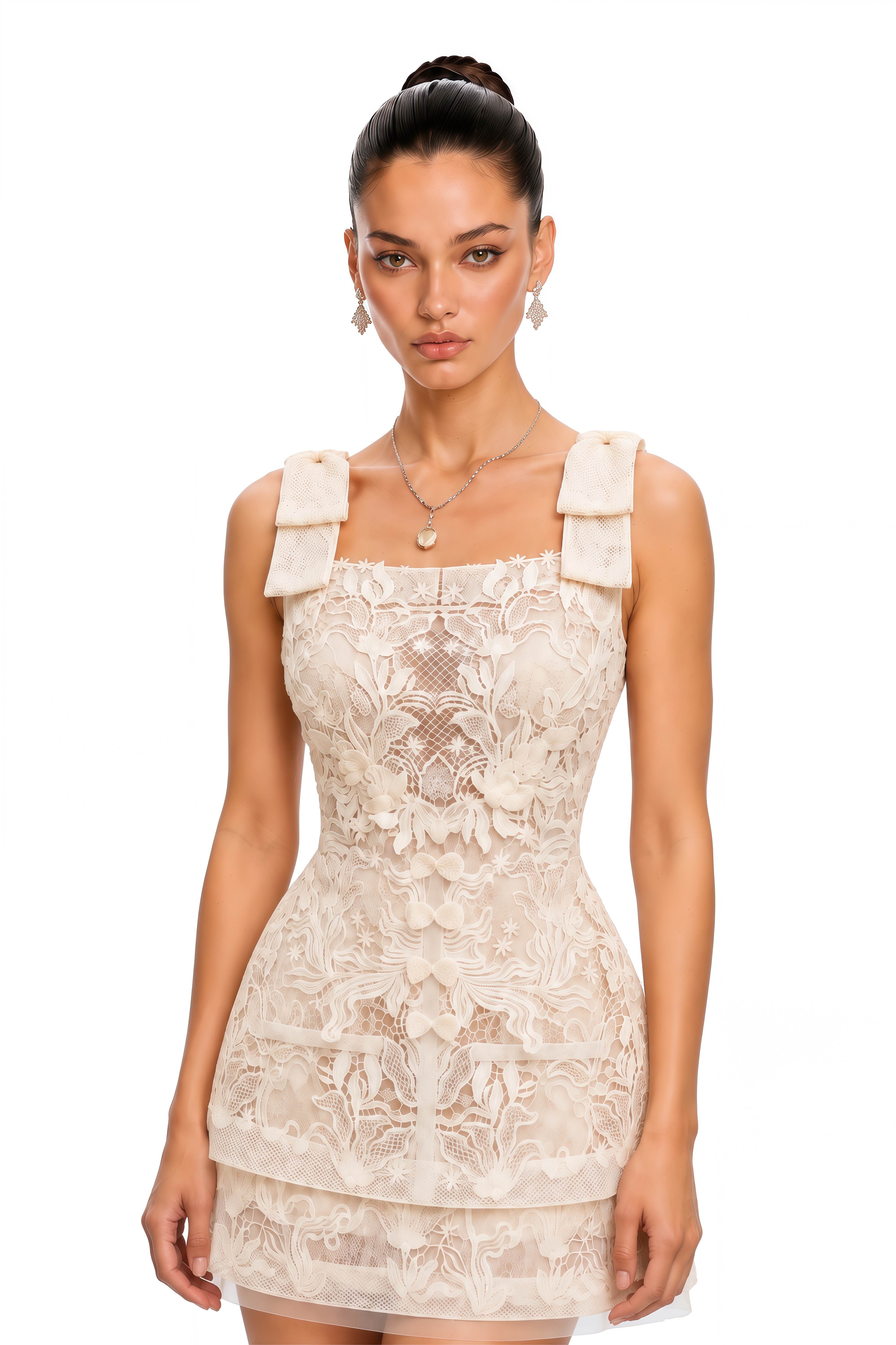 Vilma Neutral Lace Mini Dress with 3D Petal