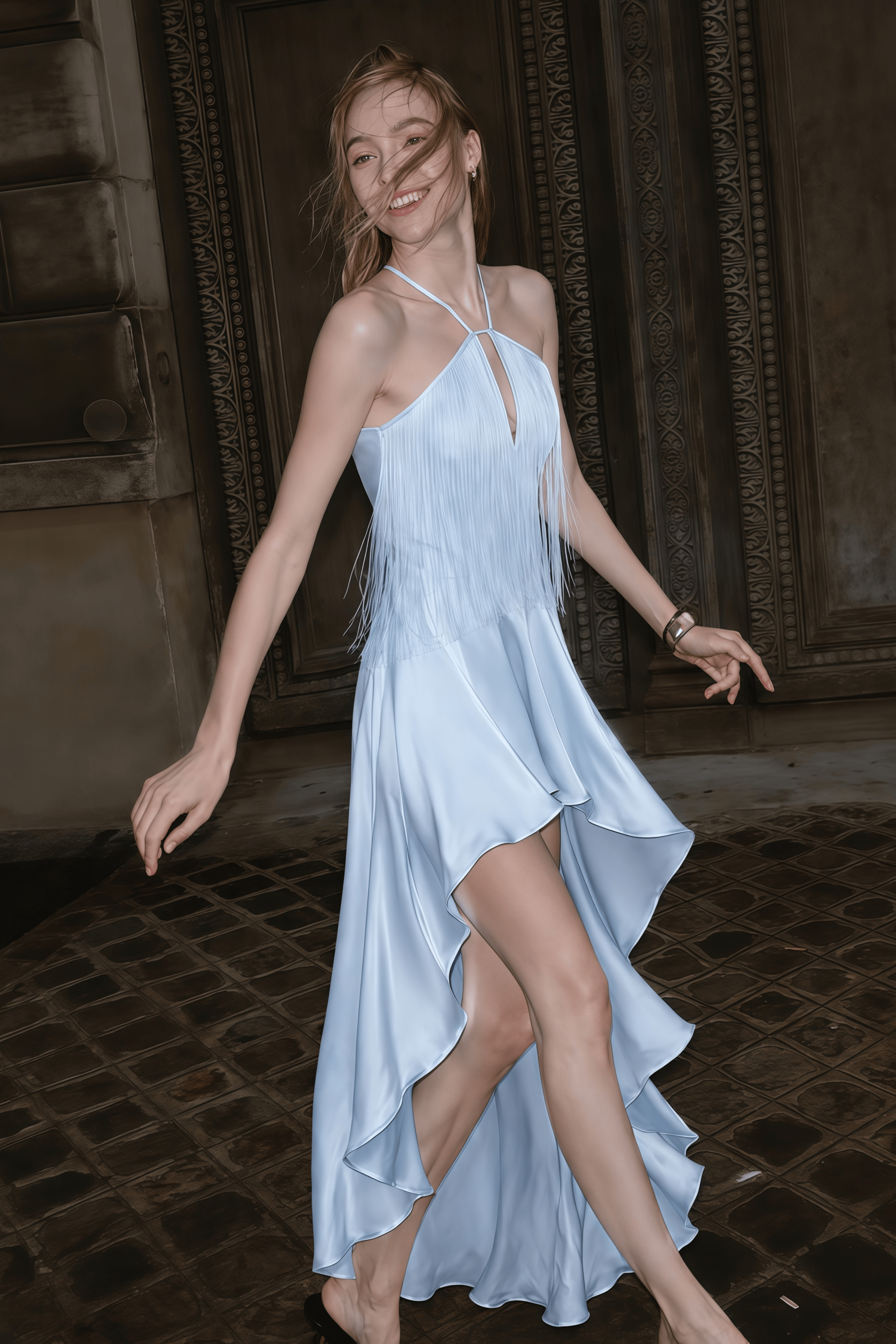 Violette Blue Halterneck Fringe Maxi Dress