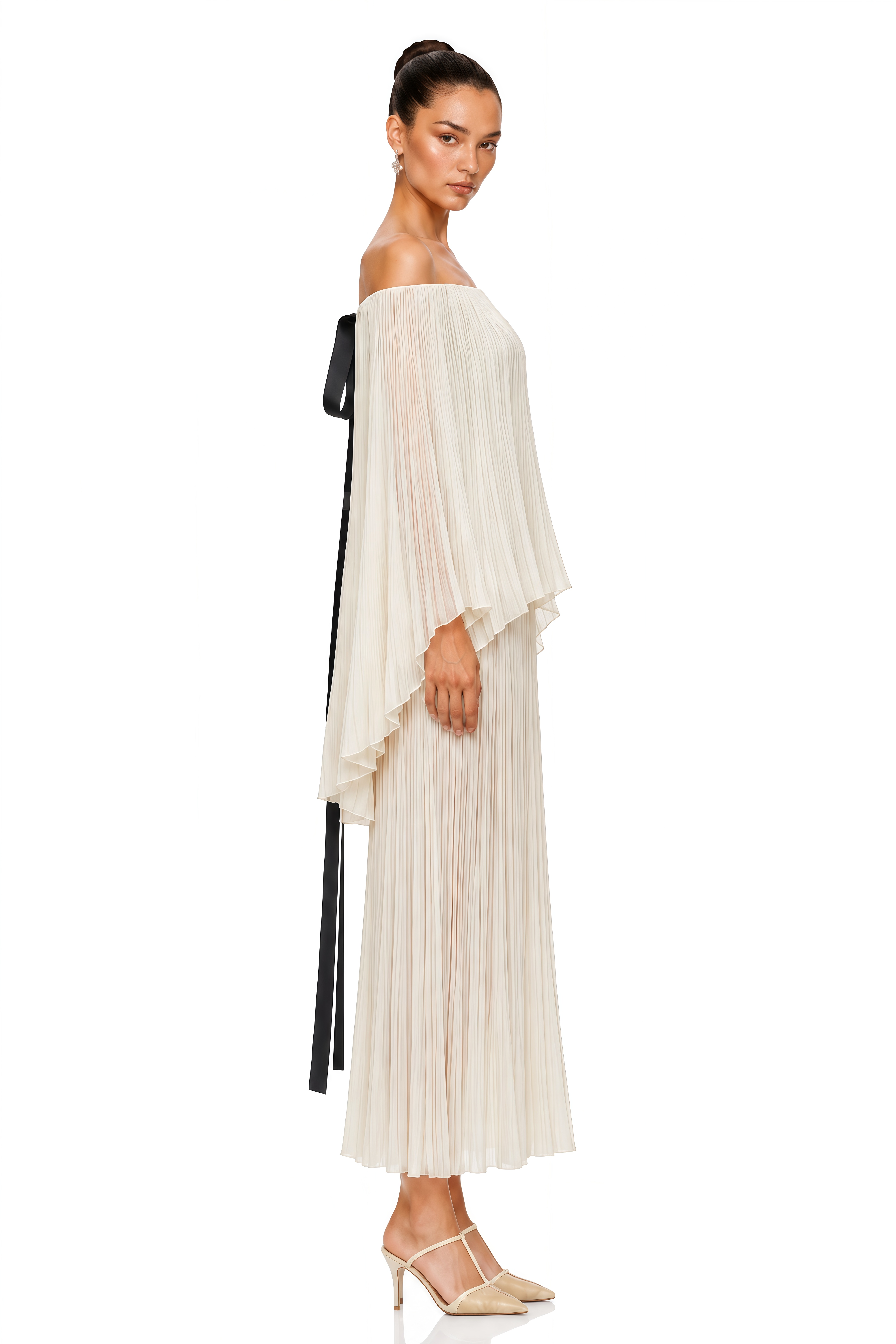 Virelai Ivory Off Shoulder Pleated Top & Maxi Skirt Set