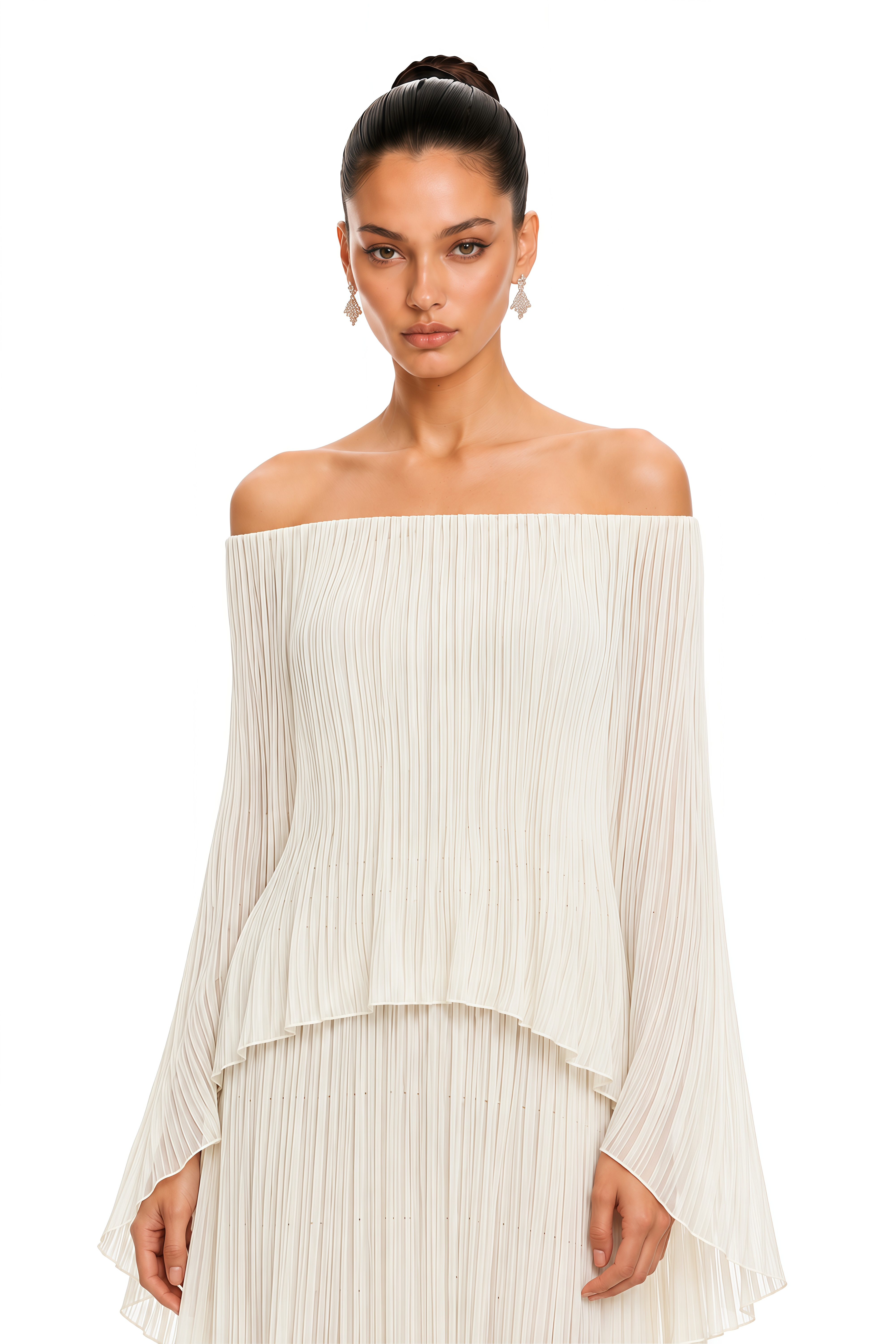 Virelai Ivory Off Shoulder Pleated Top & Maxi Skirt Set