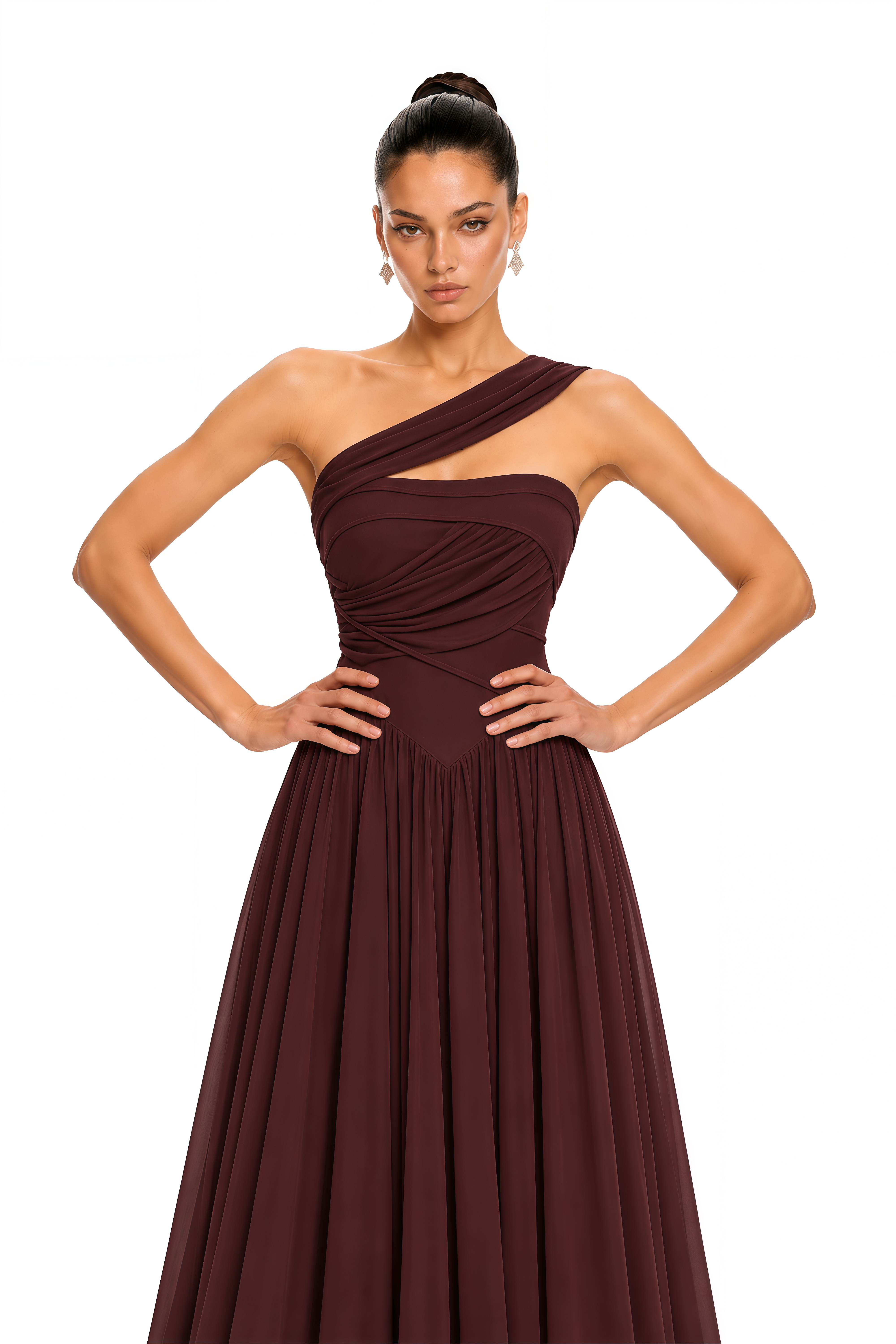 Virelle Brown One Shoulder Draped Corset Maxi Dress