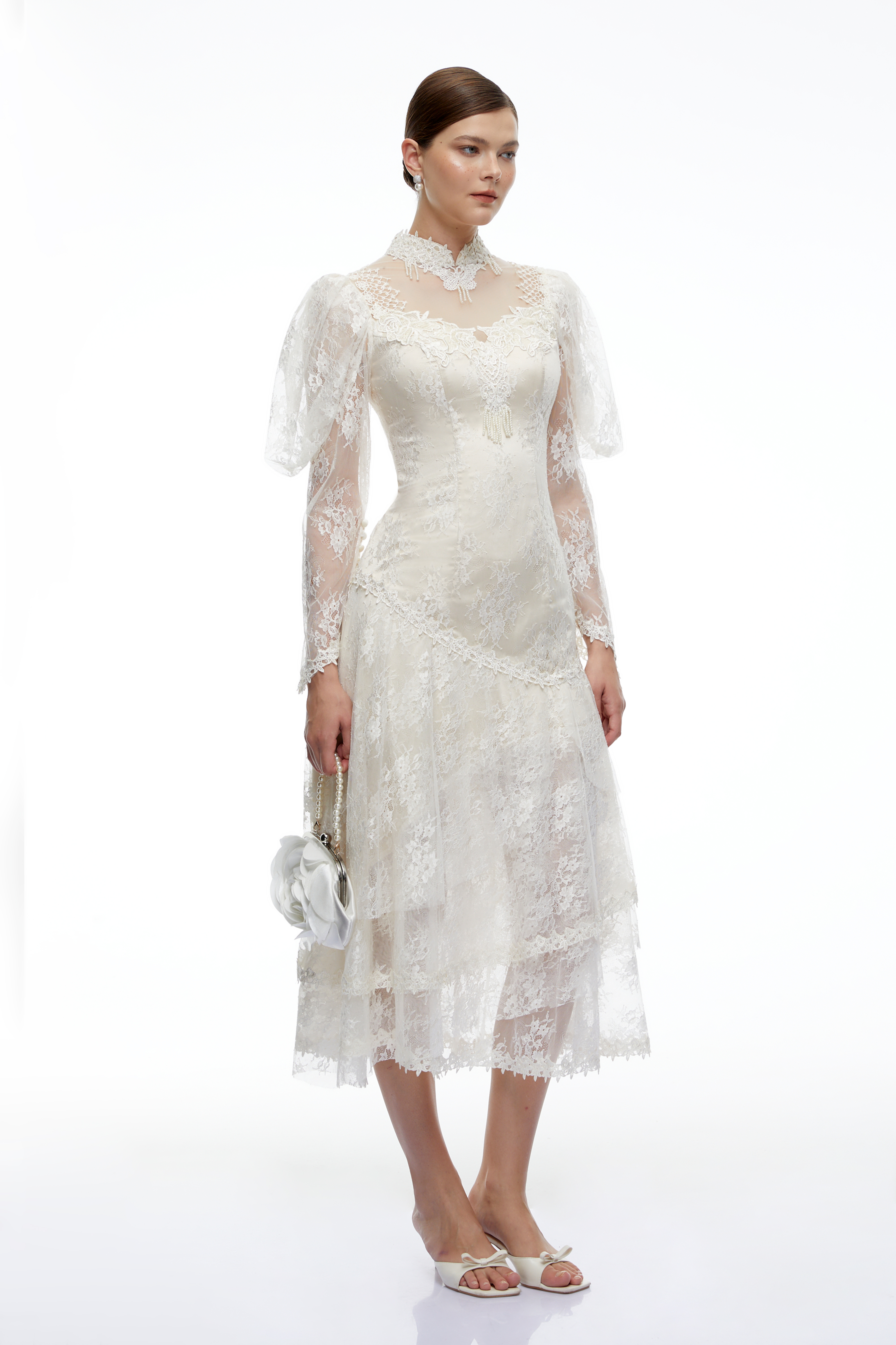 Vivian White Semi-Sheer Lace Tiered Midi Dress