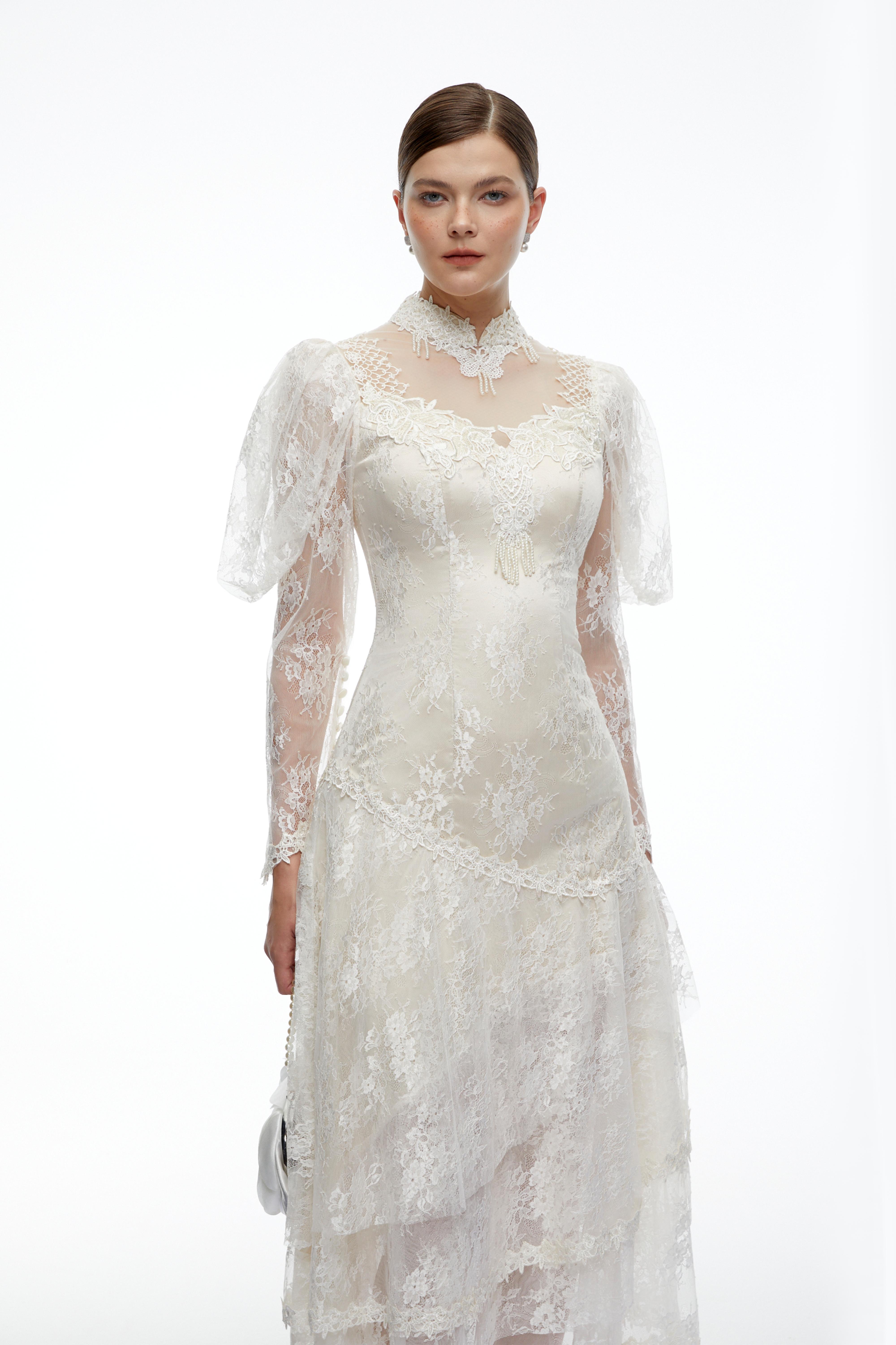 Vivian White Semi-Sheer Lace Tiered Midi Dress