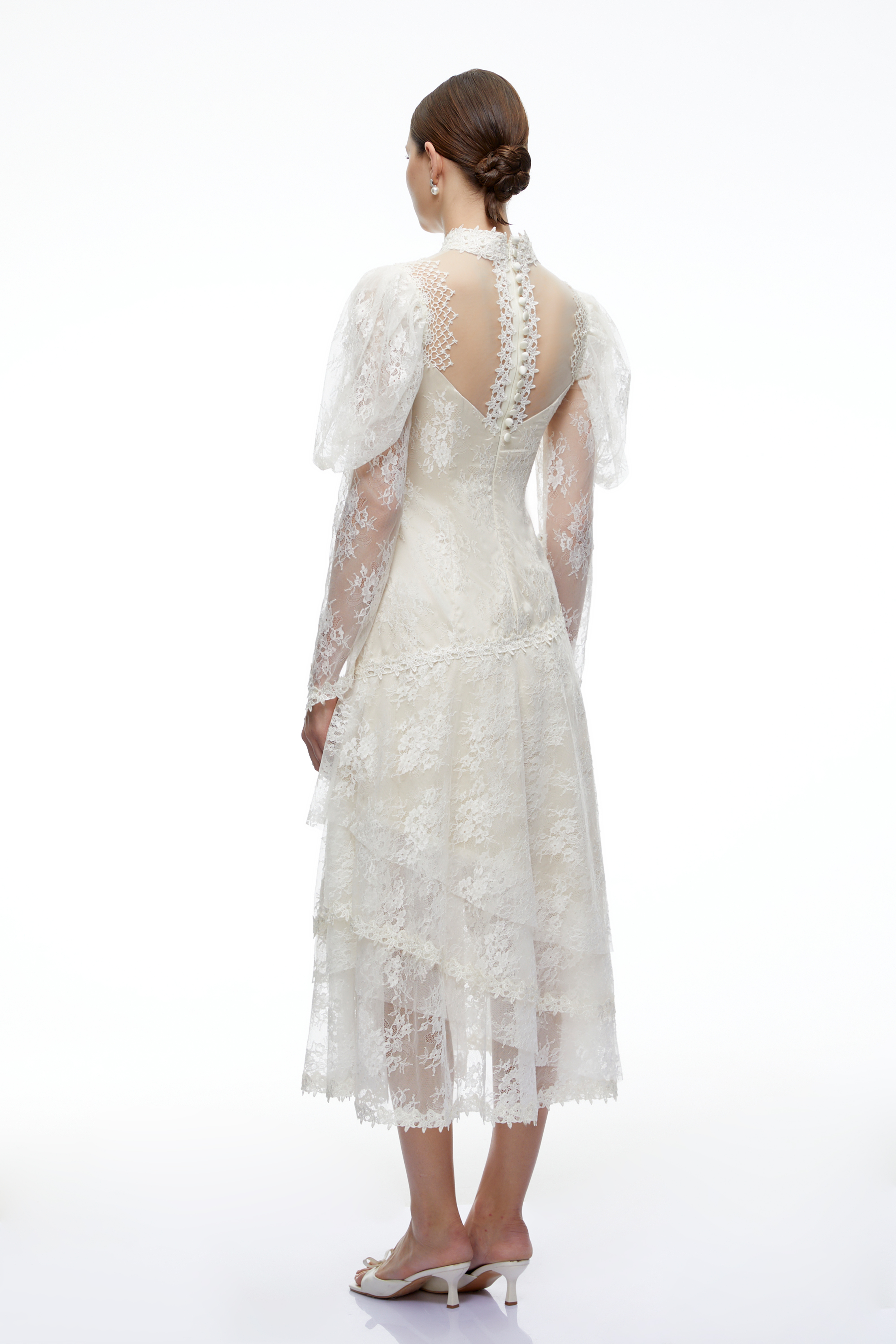 Vivian White Semi-Sheer Lace Tiered Midi Dress
