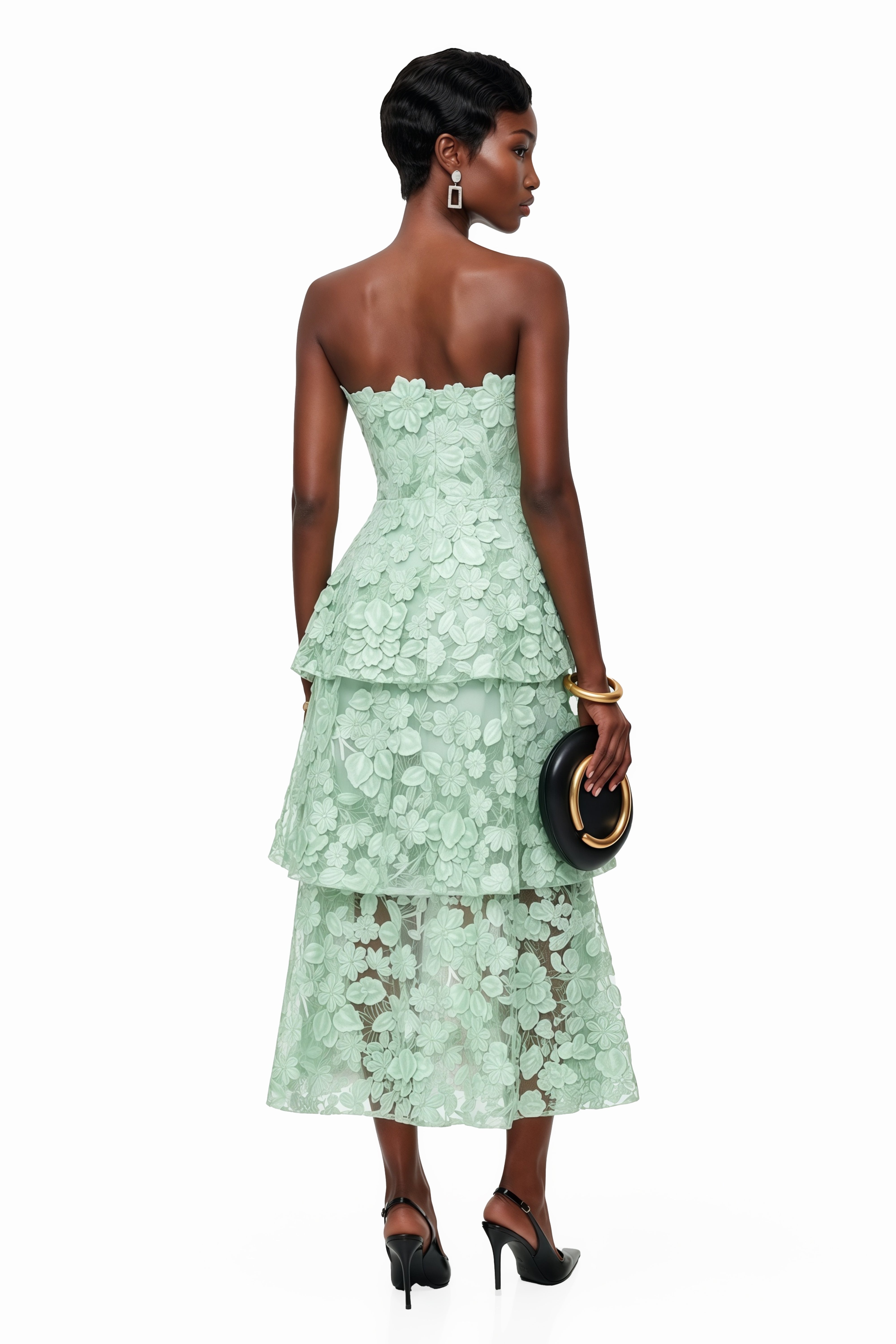 Pale Green Strapless Tea-Length Dress with All-Over Floral Applique and Tiered Layers