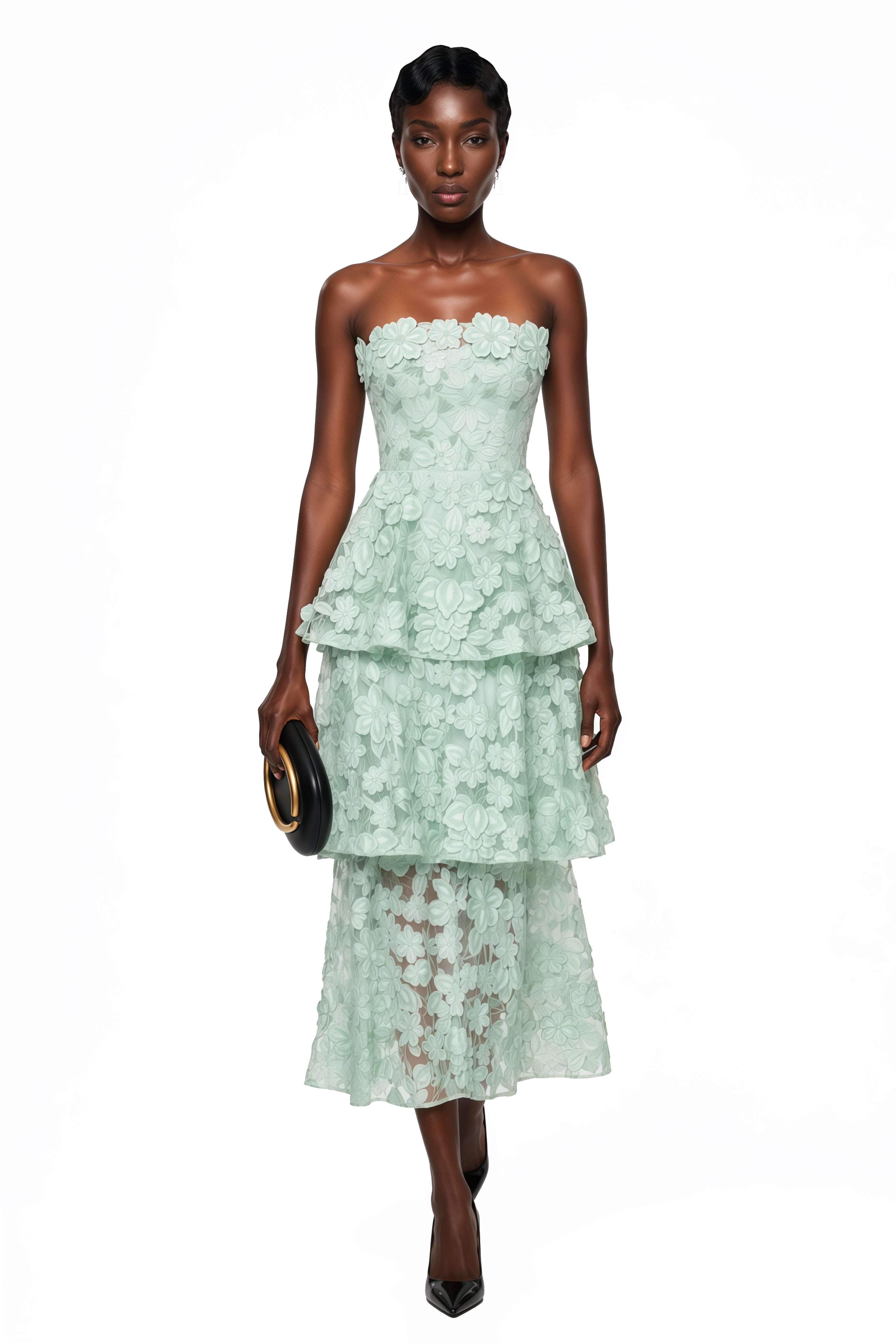 Pale Green Strapless Tea-Length Dress with All-Over Floral Applique and Tiered Layers