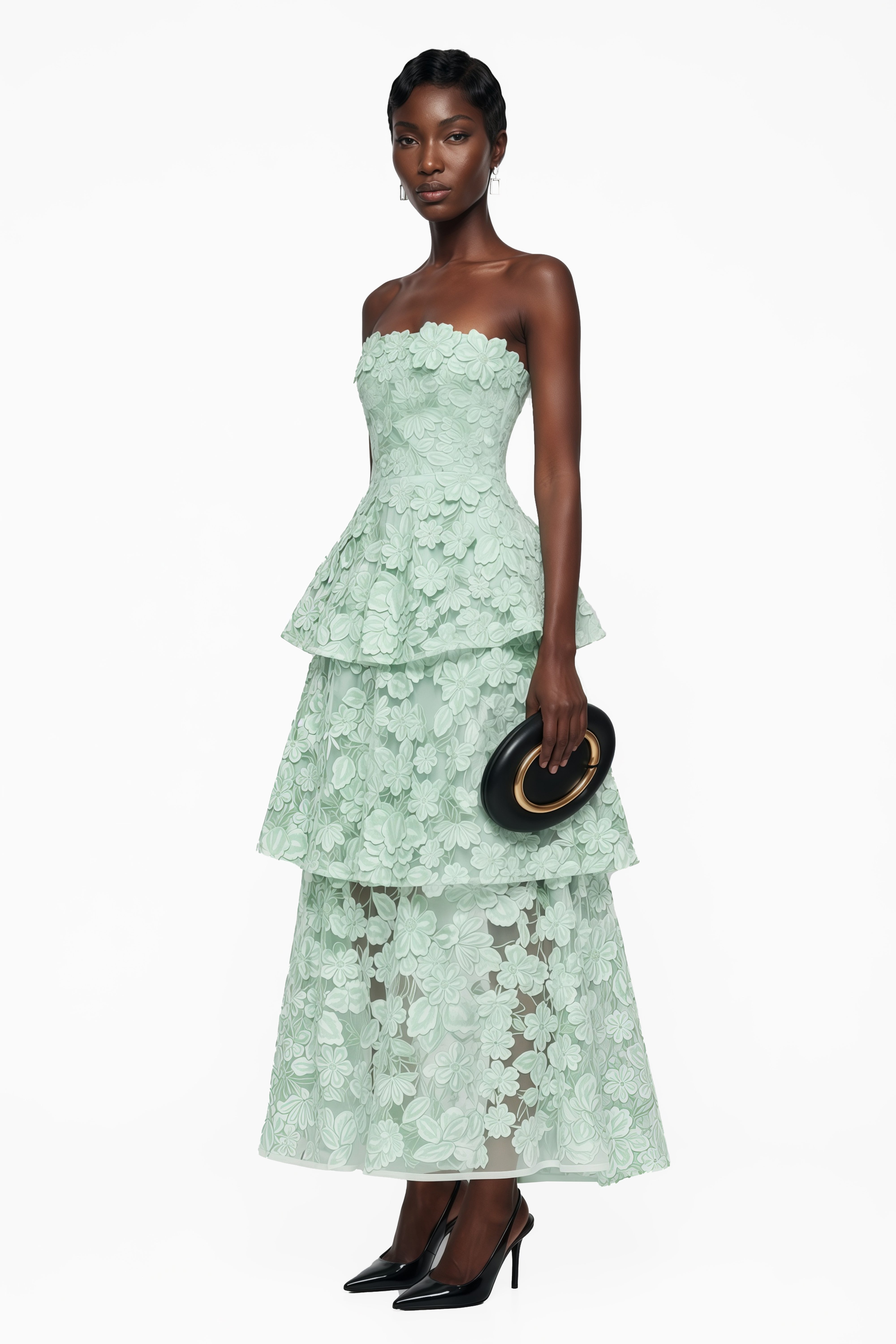 Pale Green Strapless Tea-Length Dress with All-Over Floral Applique and Tiered Layers