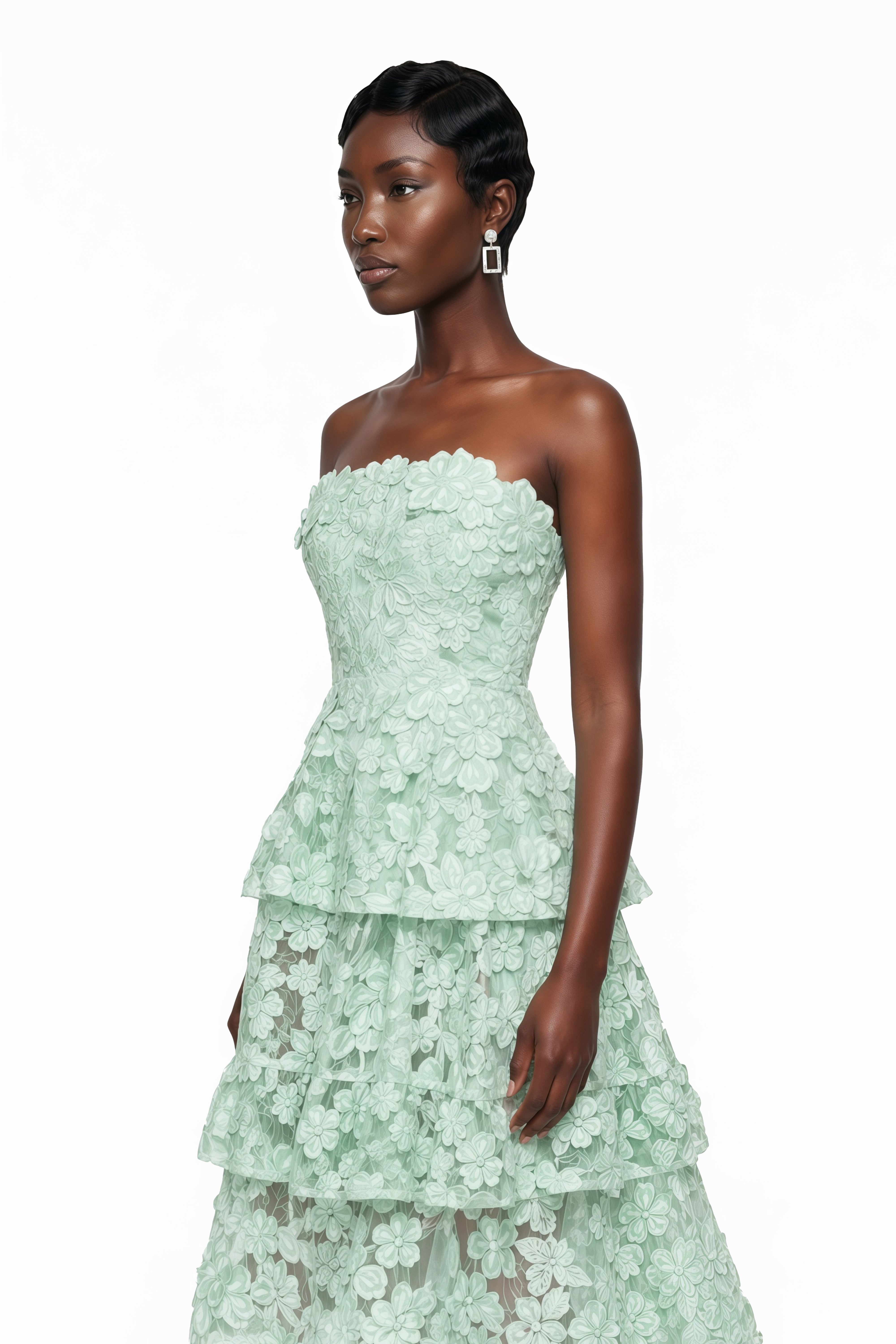 Pale Green Strapless Tea-Length Dress with All-Over Floral Applique and Tiered Layers