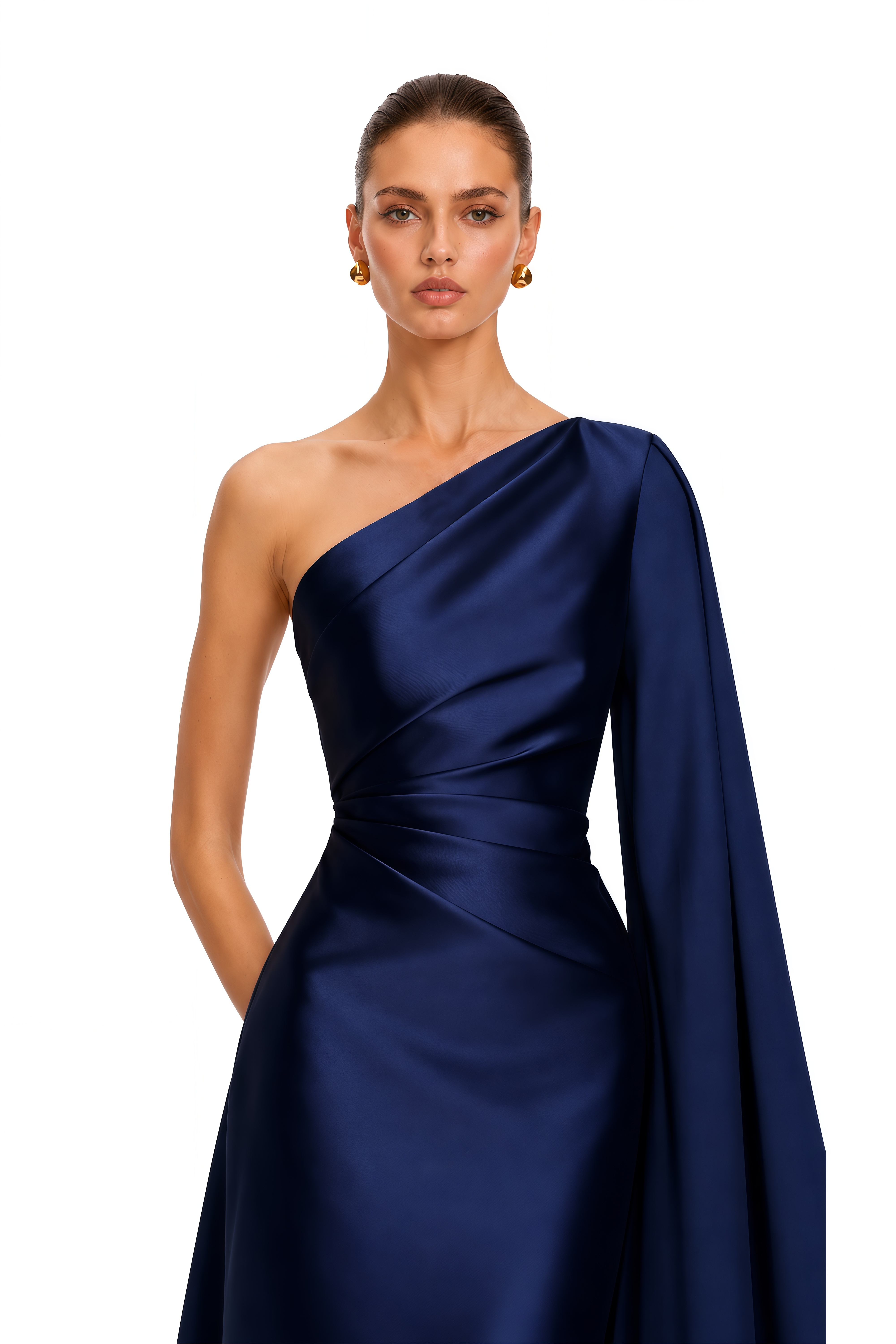 Vivienne Navy Blue One Shoulder Draped Satin Maxi Dress