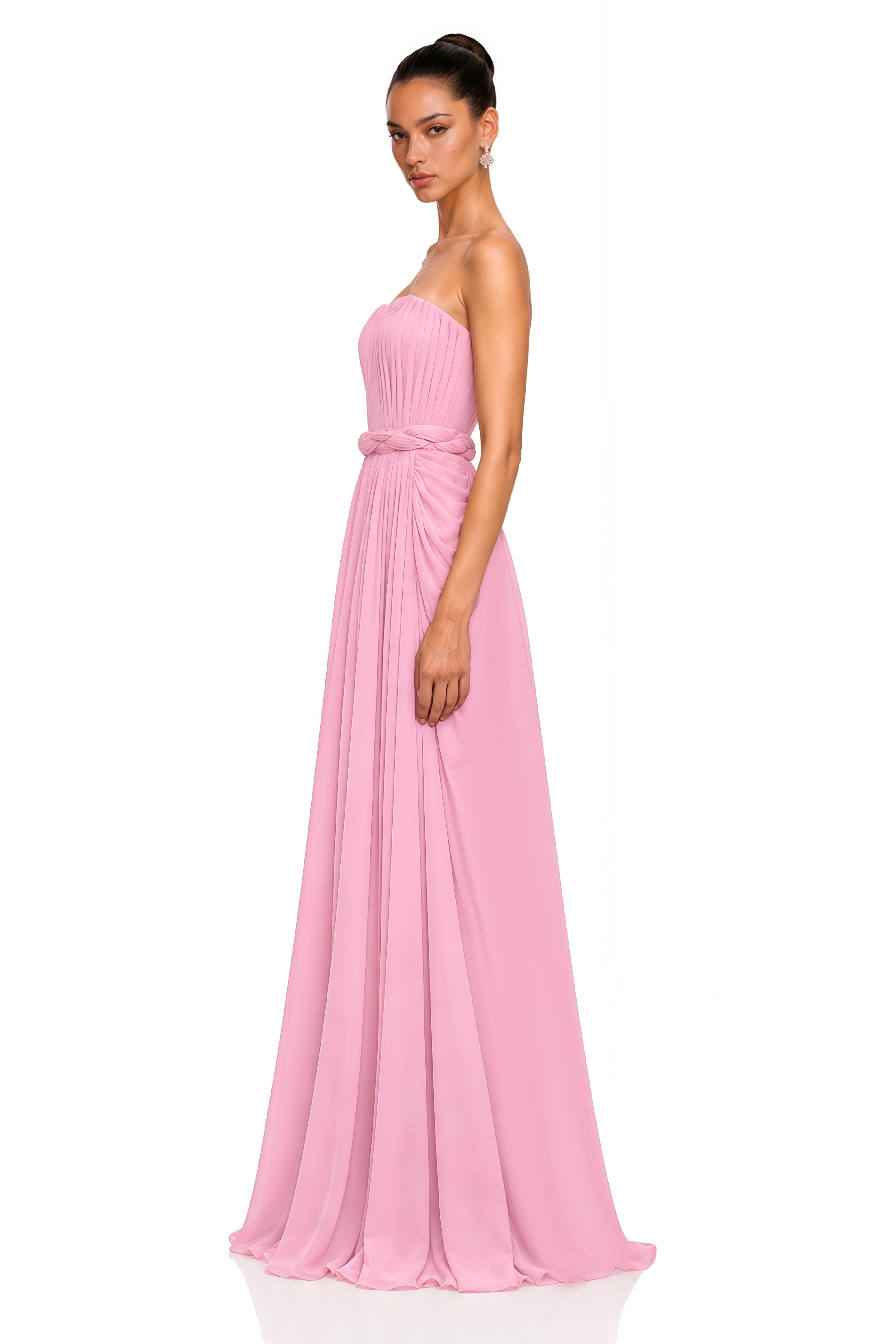 Vivienne Pink Strapless Pleated Chiffon Maxi Dress with Scarf
