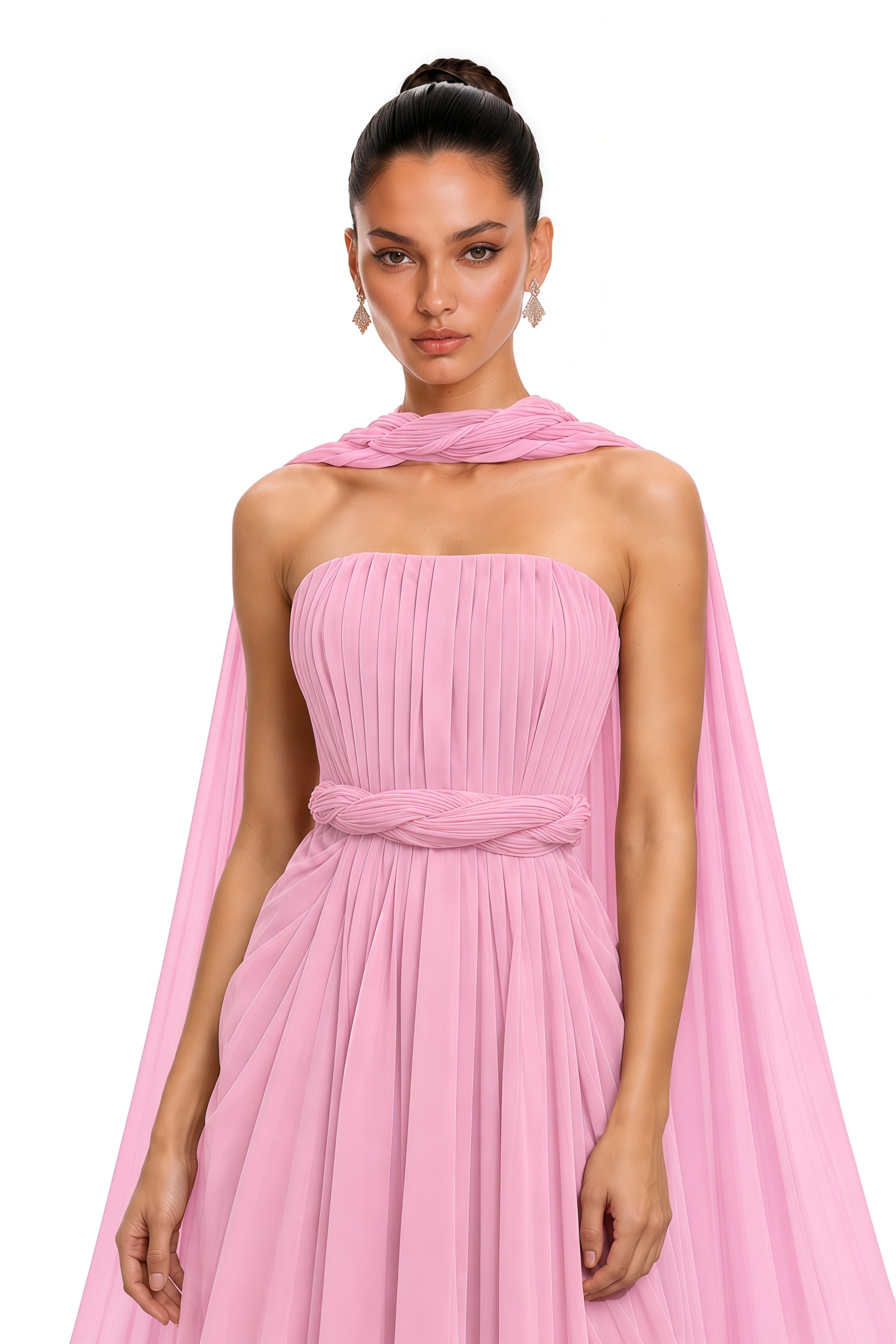 Vivienne Pink Strapless Pleated Chiffon Maxi Dress with Scarf