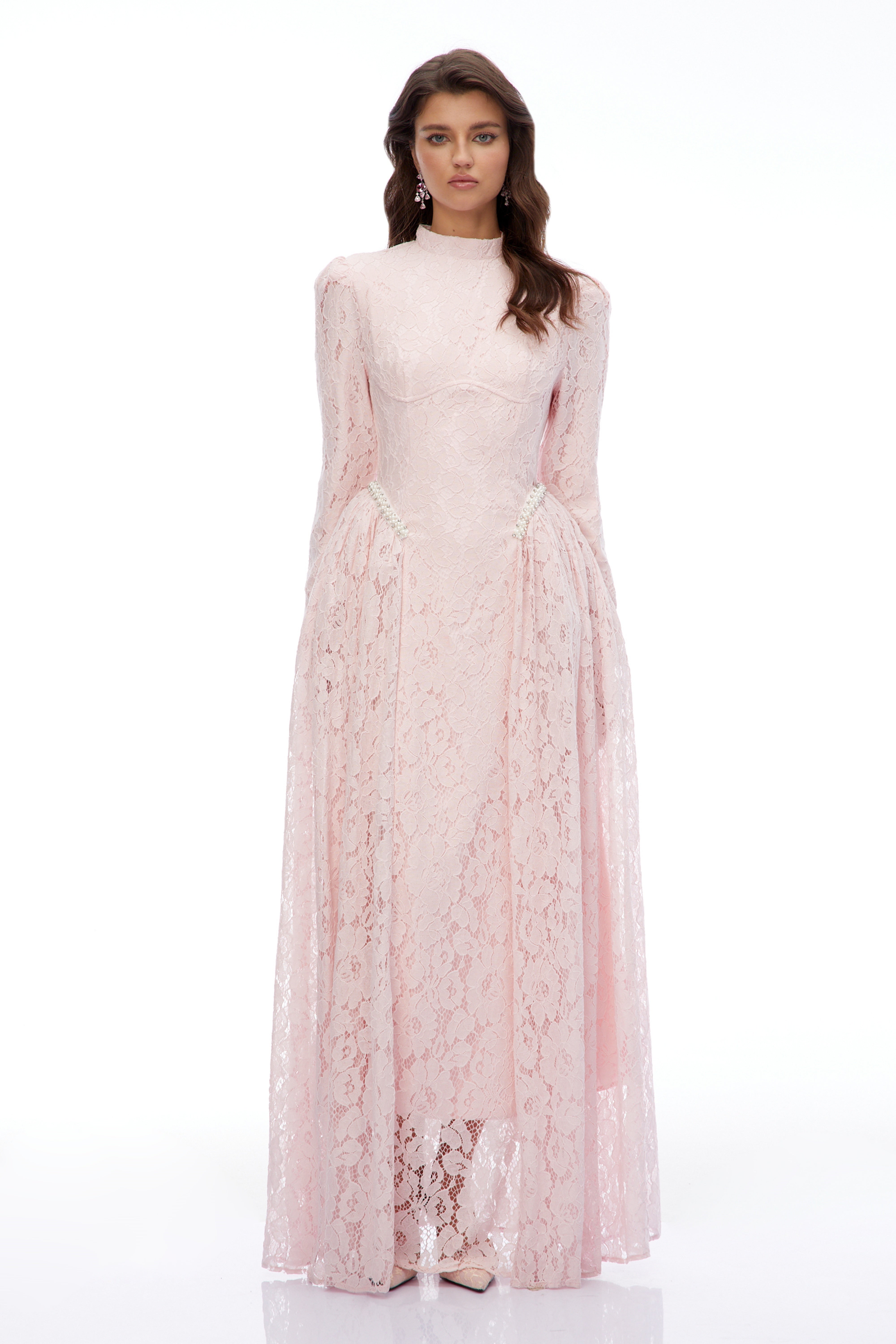Vivienne Pink Mock Neck Long Sleeve Lace Maxi Dress – Miss Rosier