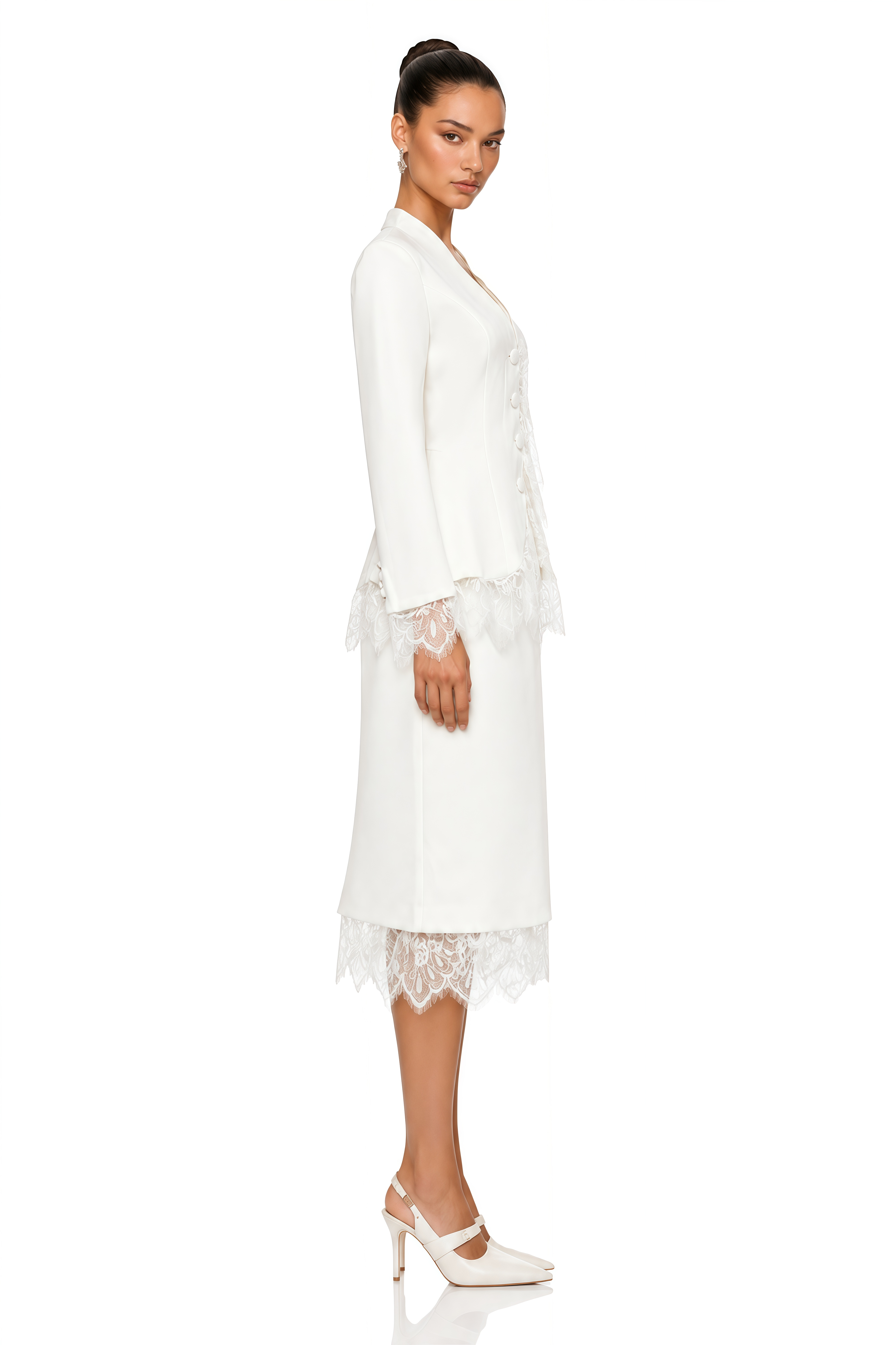 Viyana White V-Neck Lace Trim Blazer & Midi Skirt Set