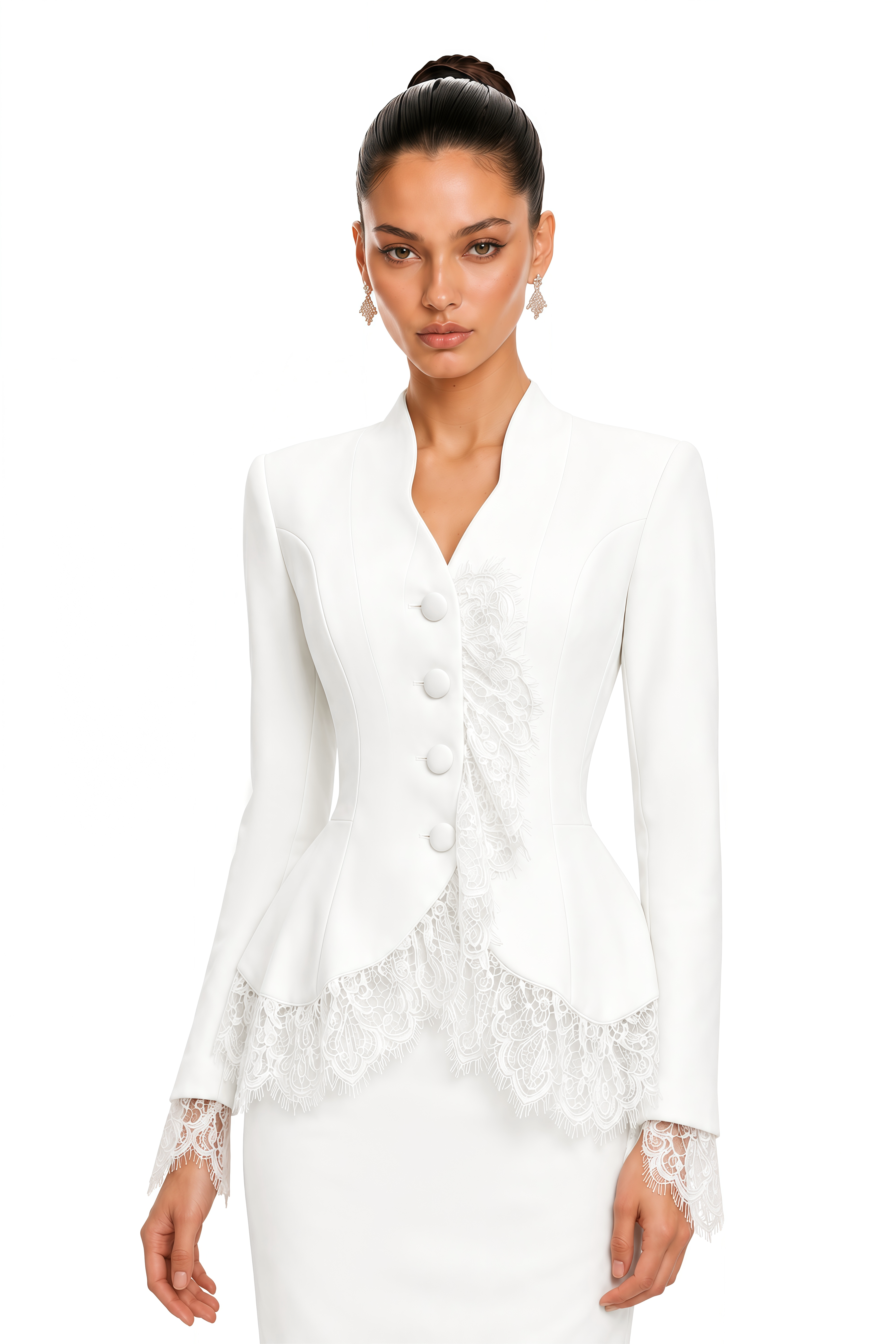 Viyana White V-Neck Lace Trim Blazer & Midi Skirt Set