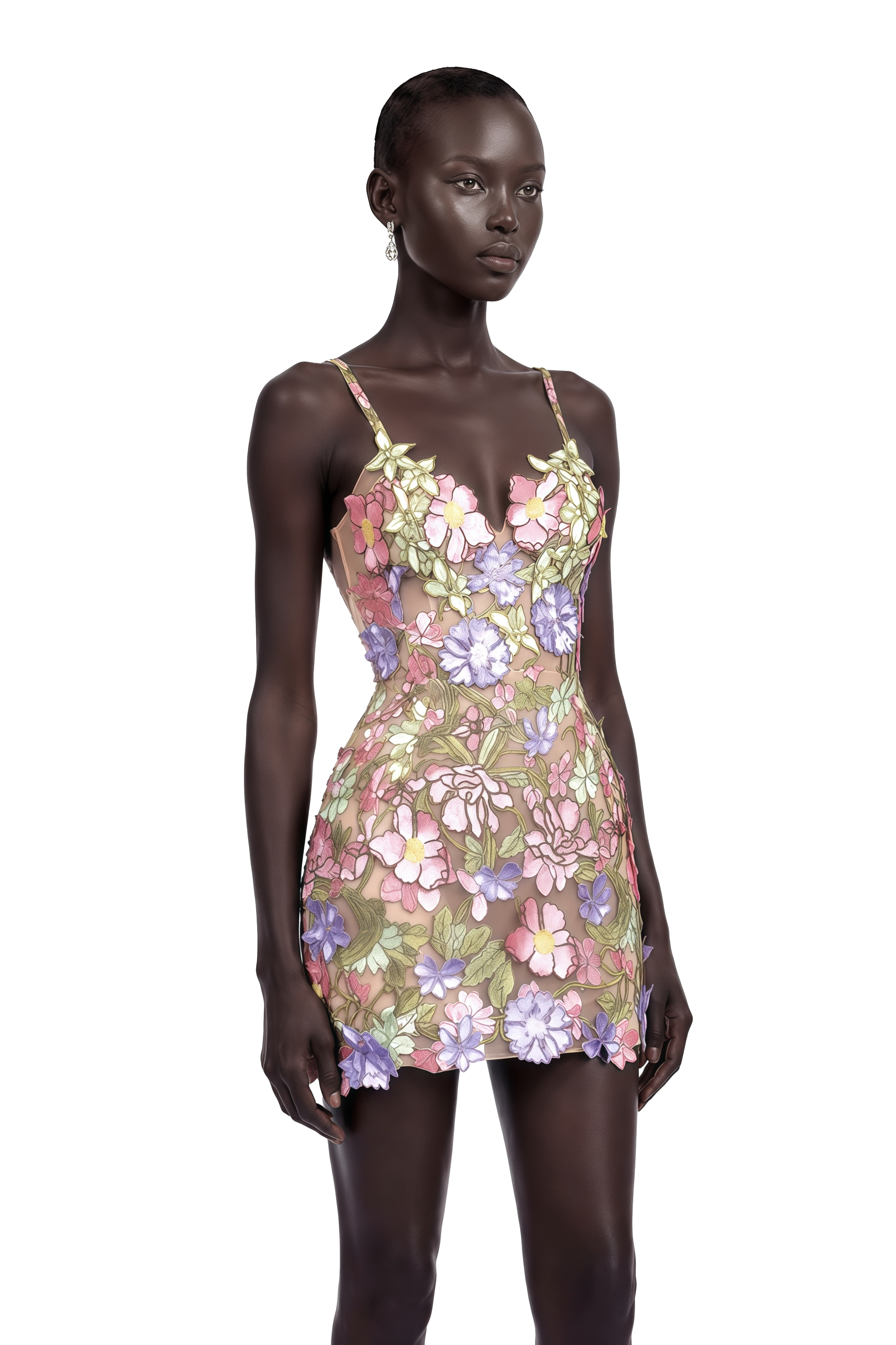 Wakatipu Green V-Neck Mini Dress with 3D Florals