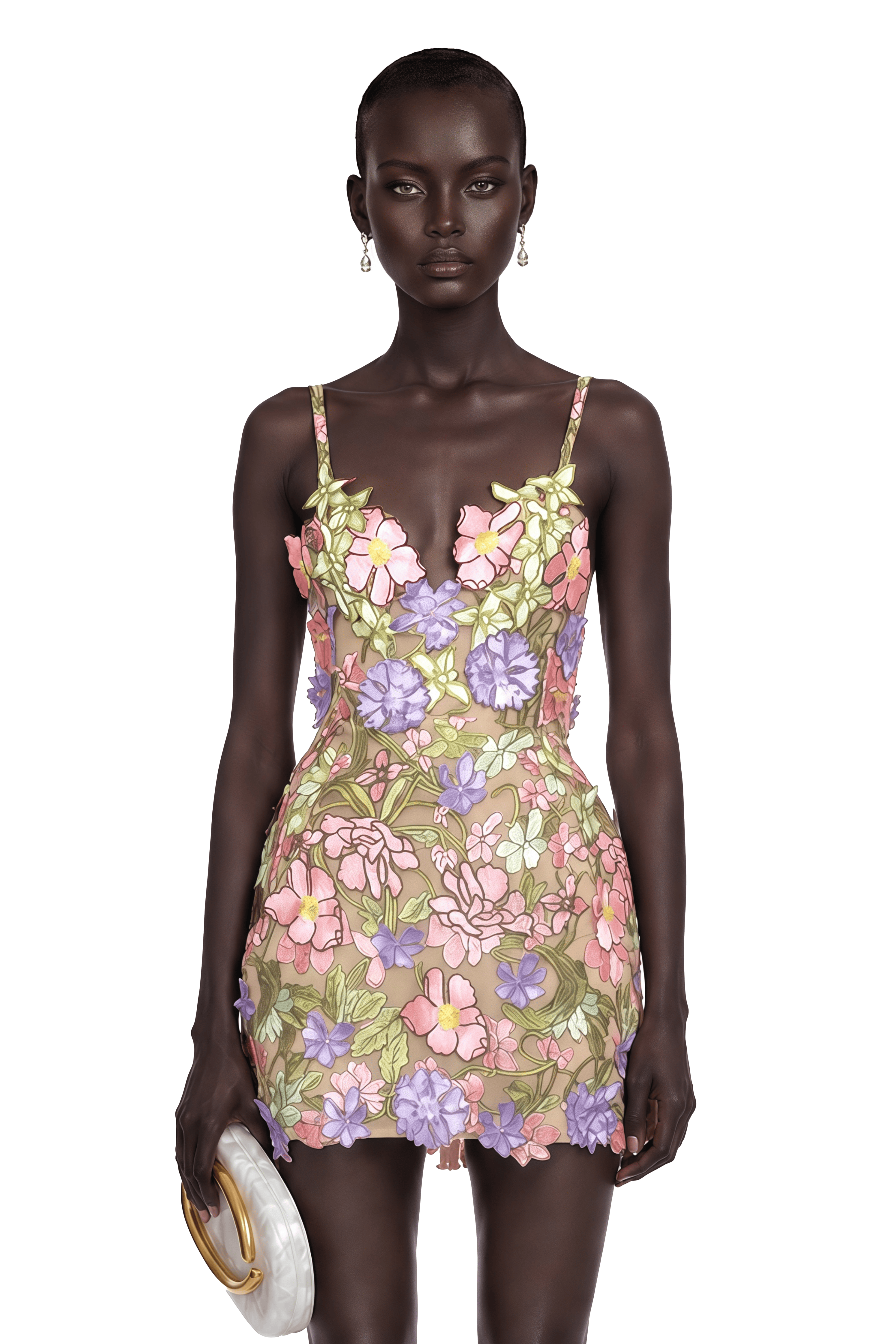 Wakatipu Green V-Neck Mini Dress with 3D Florals