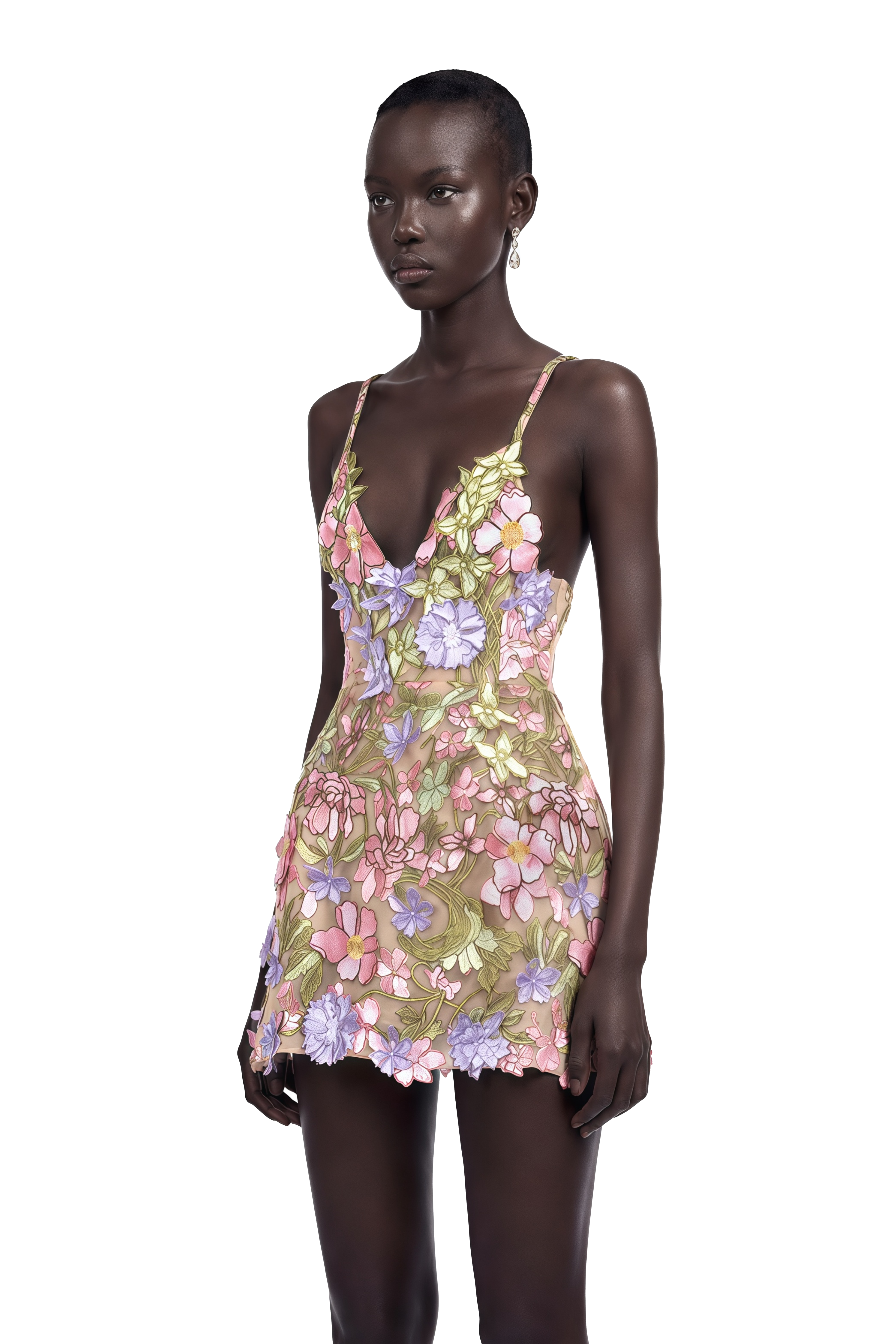 Wakatipu Green V-Neck Mini Dress with 3D Florals