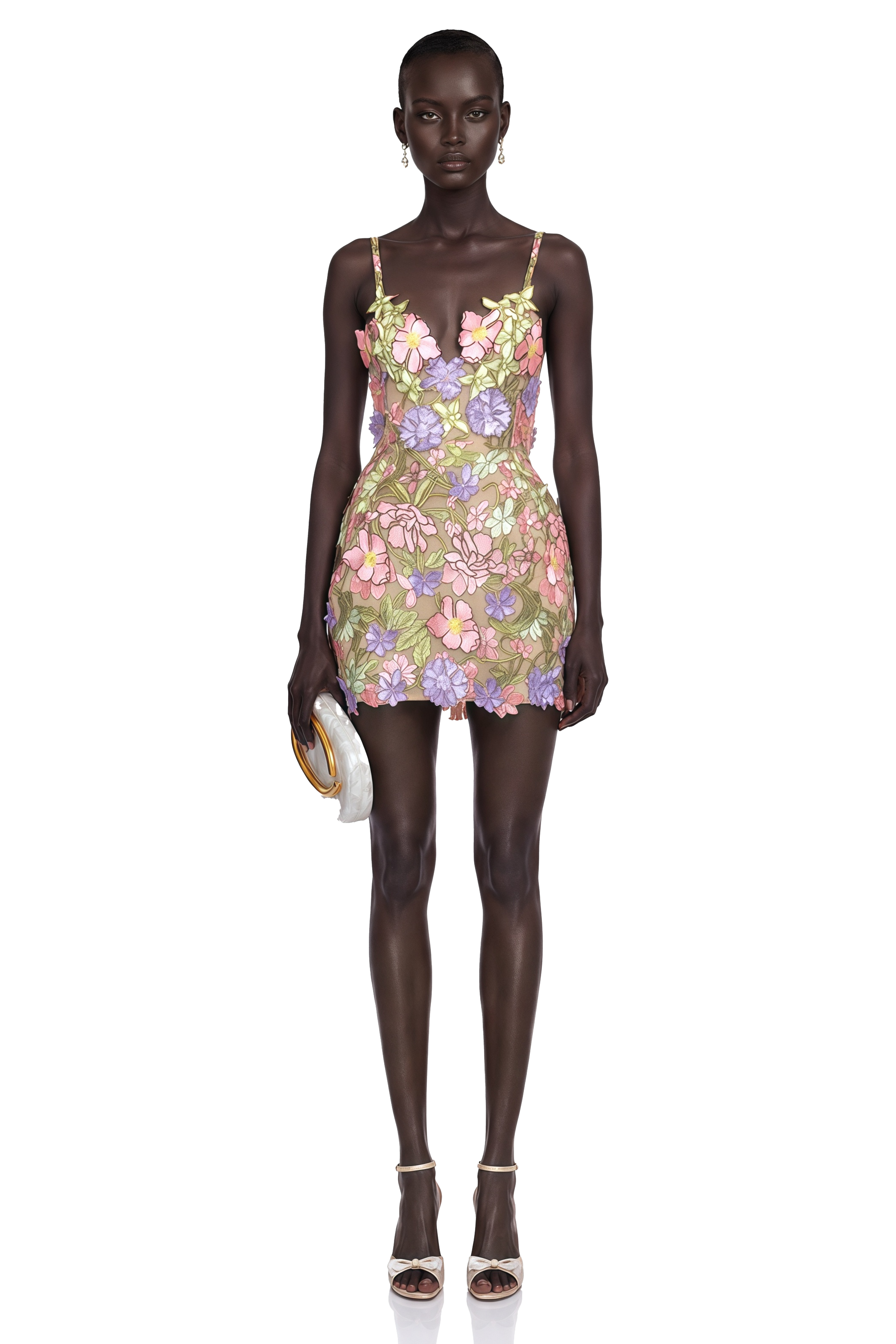 Wakatipu Green V-Neck Mini Dress with 3D Florals